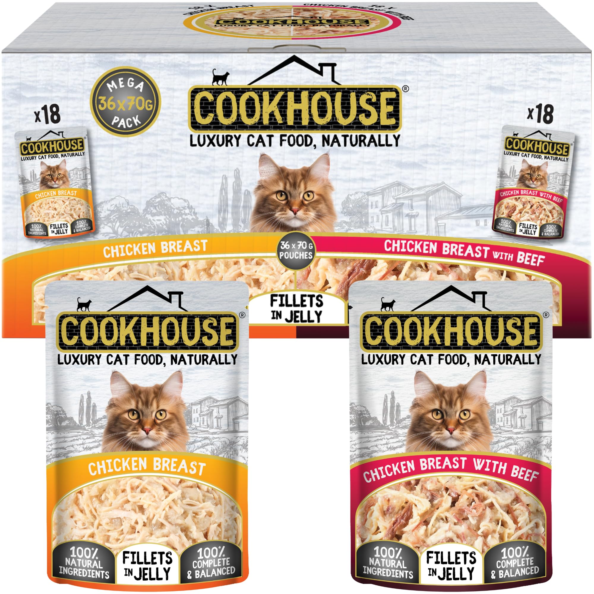 COOKHOUSE 100% Natural & Complete Luxury Wet Cat Food - 36 x 70g Pouches - Chicken Breast/Chicken Breast with Beef - Fillets in Jelly