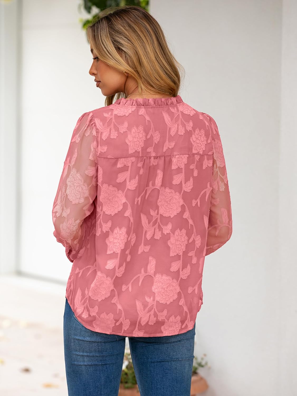 Simplee Womens Dressy Casual Blouses Long Sleeve V Neck Chiffon Burnout Shirts Loose Business Work Top Fall Outfits - Image 6