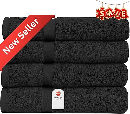 ZAPPLE Juego de toallas de baño de alta calidad, 100% algodón puro, color negro, 4 toallas de baño de 600 GSM, ultra suaves y absorbentes, excelente