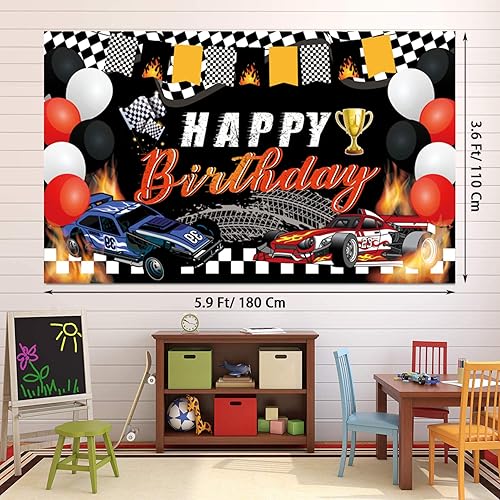 Miniatura 3 de Mpanwen Suministros para fiesta de cumpleaños de autos de carreras, 142 piezas de decoraciones de fiesta de carreras de autos de carreras para niños