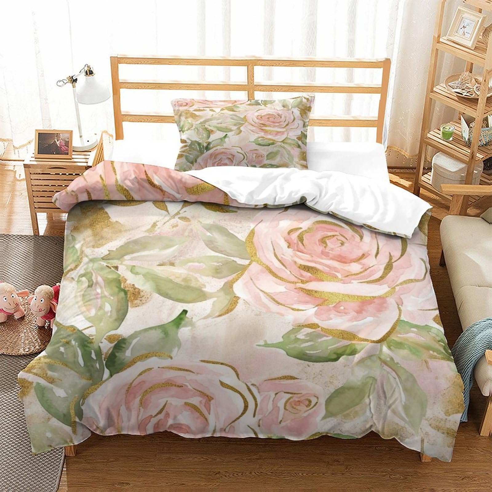 P1S9U7W5Y 3D Printed Watercolor Rose Duvet Cover Set 3pcs Microfiber Floral Bedding Set for Bedroom Single（135x200cm）