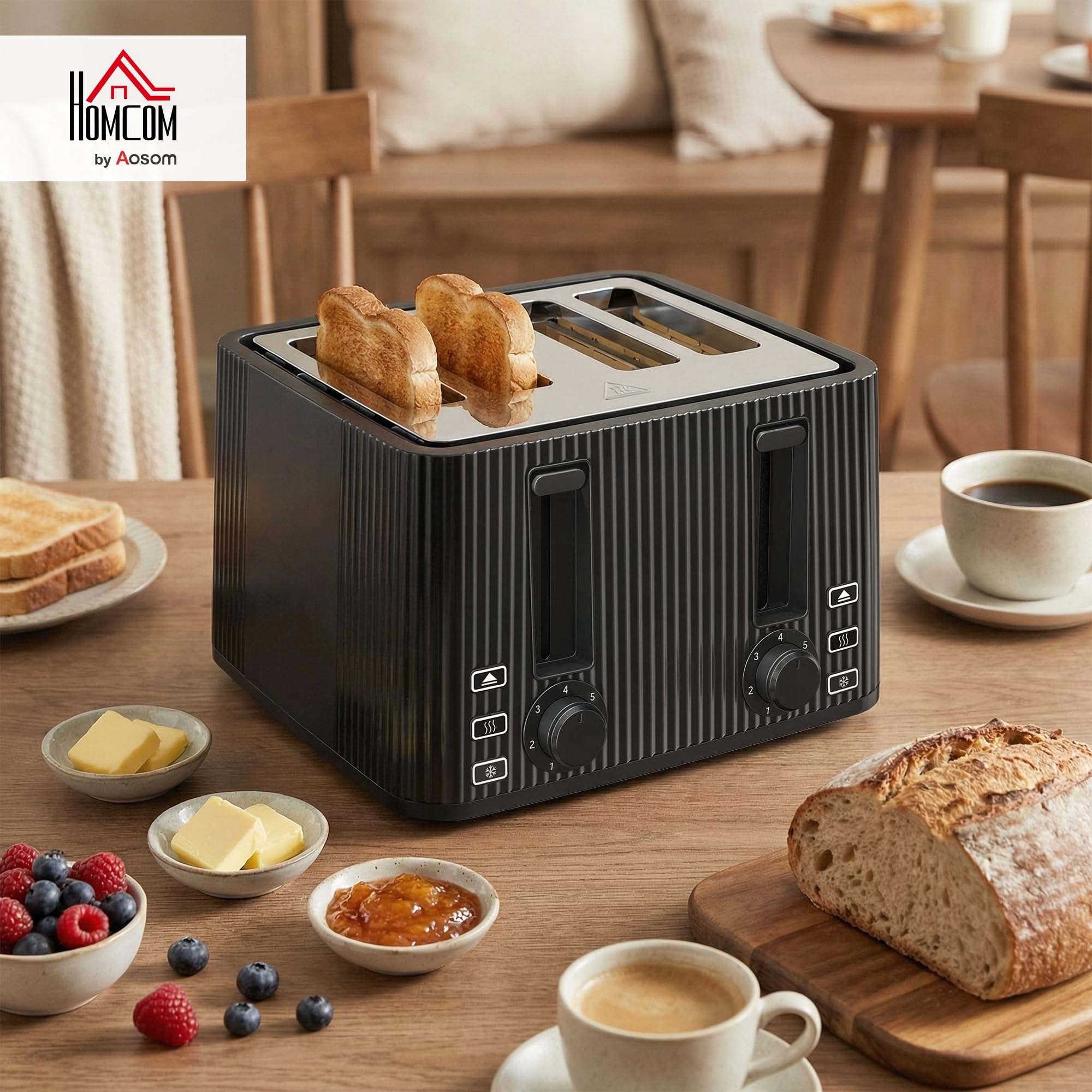 HOMCOM Tostadora 4 Ranuras Anchas 7 Niveles de Tostado, 1710W, Negro | Tostador de Pan, Función Descongelar, Recalentar y Cancelar, Bandeja de Migas Extraíble