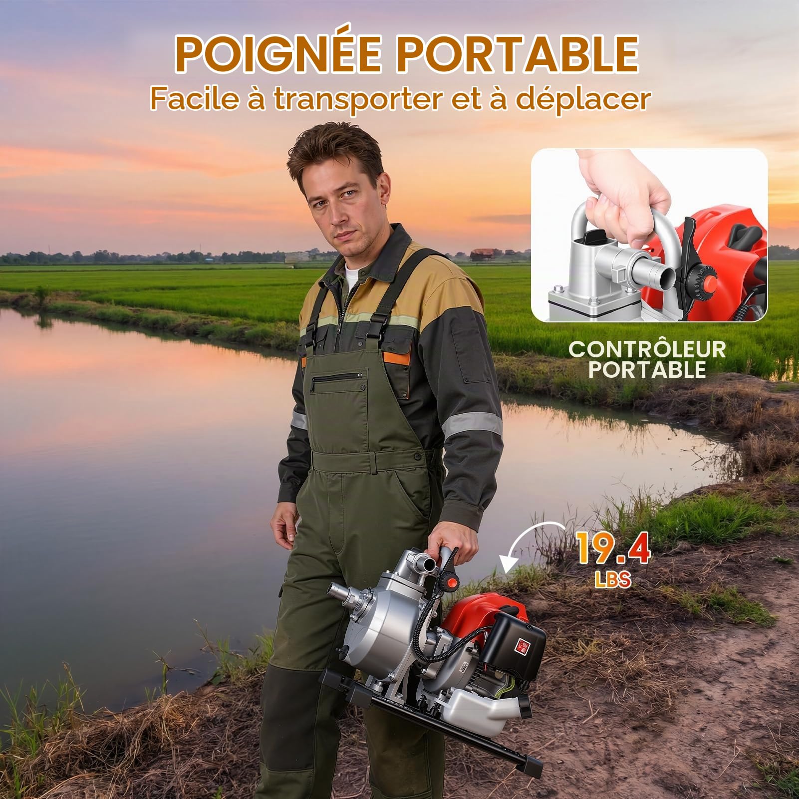 Motopompe Thermique 42.5CC (1.25 kW) - Pompe à Eau Thermique à Essence 9756 L/h (30m) - Pompe de Surface, Arrosage Jardin et Vide Piscine pour Irrigation Agricole Rouge