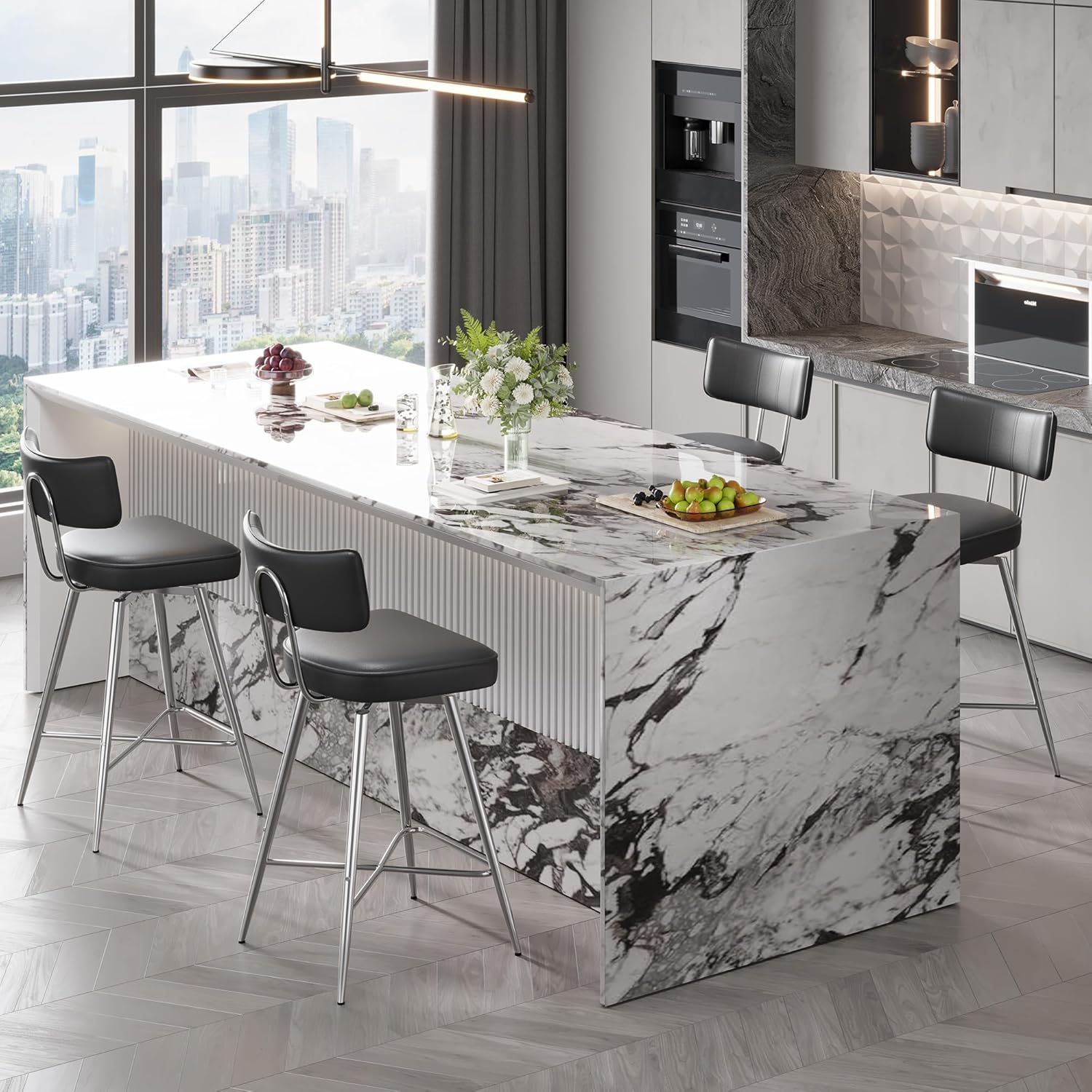26 Inch Swivel Counter Height Bar Stools Set of 2, Swivel Kitchen Counter Stools with Backs and Metal Frame, Upholstered Leather Bar Stools for Kitchen Island, Black