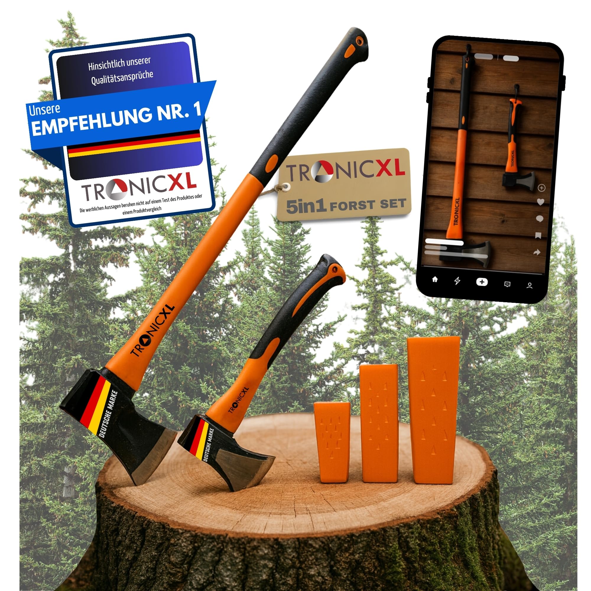 TronicXL Spaltaxt Set für Holz Forst Axt Beil Keile I Kurzes Spaltbeil 600g Axt + Lange Fällaxt 2000g + Fällkeile I Profi Spaltaxt mit Keilen für Forstbedarf, Camping & Outdoor, Feuerholz