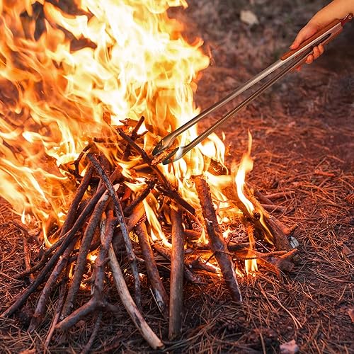 Miniatura 5 de Pinzas para hoguera de 32 pulgadas súper largas para cargar madera, barbacoa con mango de acacia de lujo extendido para hogueras, anillos de fuego,