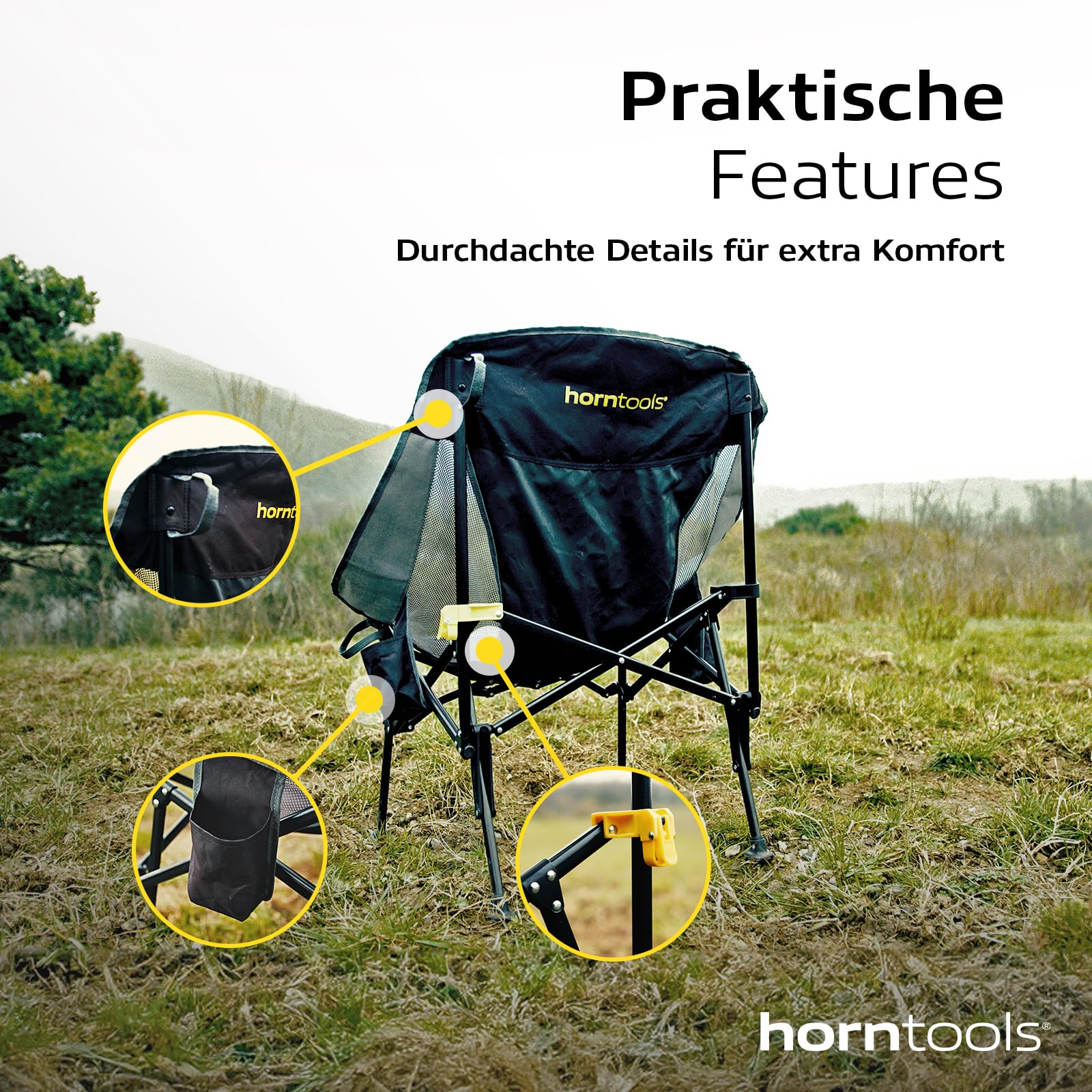 horntools Campingstuhl Faltbar 150 kg - Klappstuhl Robust & Leicht - Angelstuhl mit Getränkehalter & Tragetasche - Ideal für Camping, Outdoor & Wandern