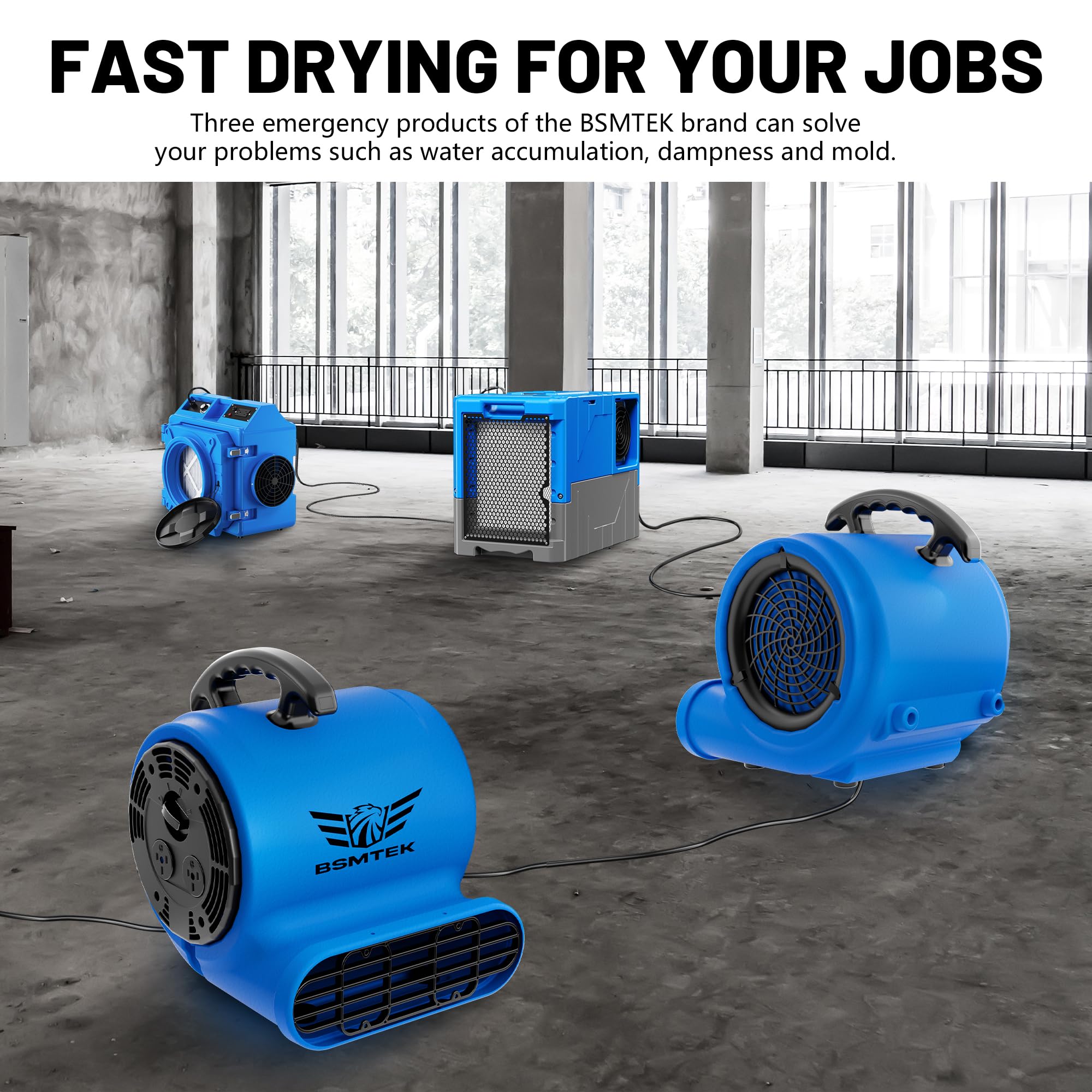 Ventilador Air Mover, BSMTEK Industrial 1/2HP 2500CFM, secador de alfombras, 3 velocidades con temporizador, 4 ángulos ajustables, cable de 15 pies de largo, apilable, actualizado en 2025