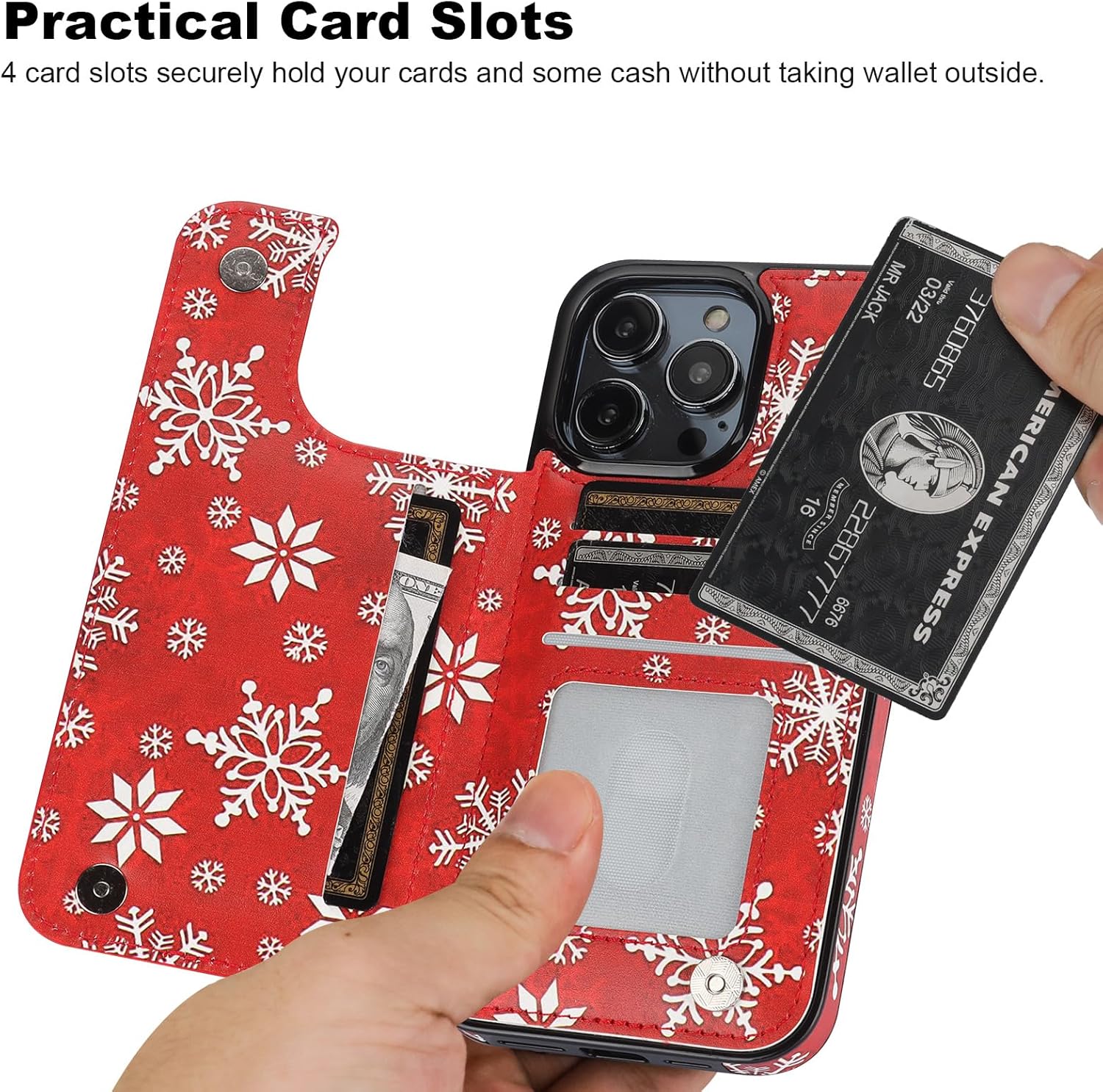 HAOPINSH for iPhone 14 Pro Max Wallet Case with Card Holder, Christmas Santa Snow Flake Back Flip Case PU Leather Kickstand Card Slots Case for Women Girls, Double Magnetic Clasp Cover 6.7" - Image 3