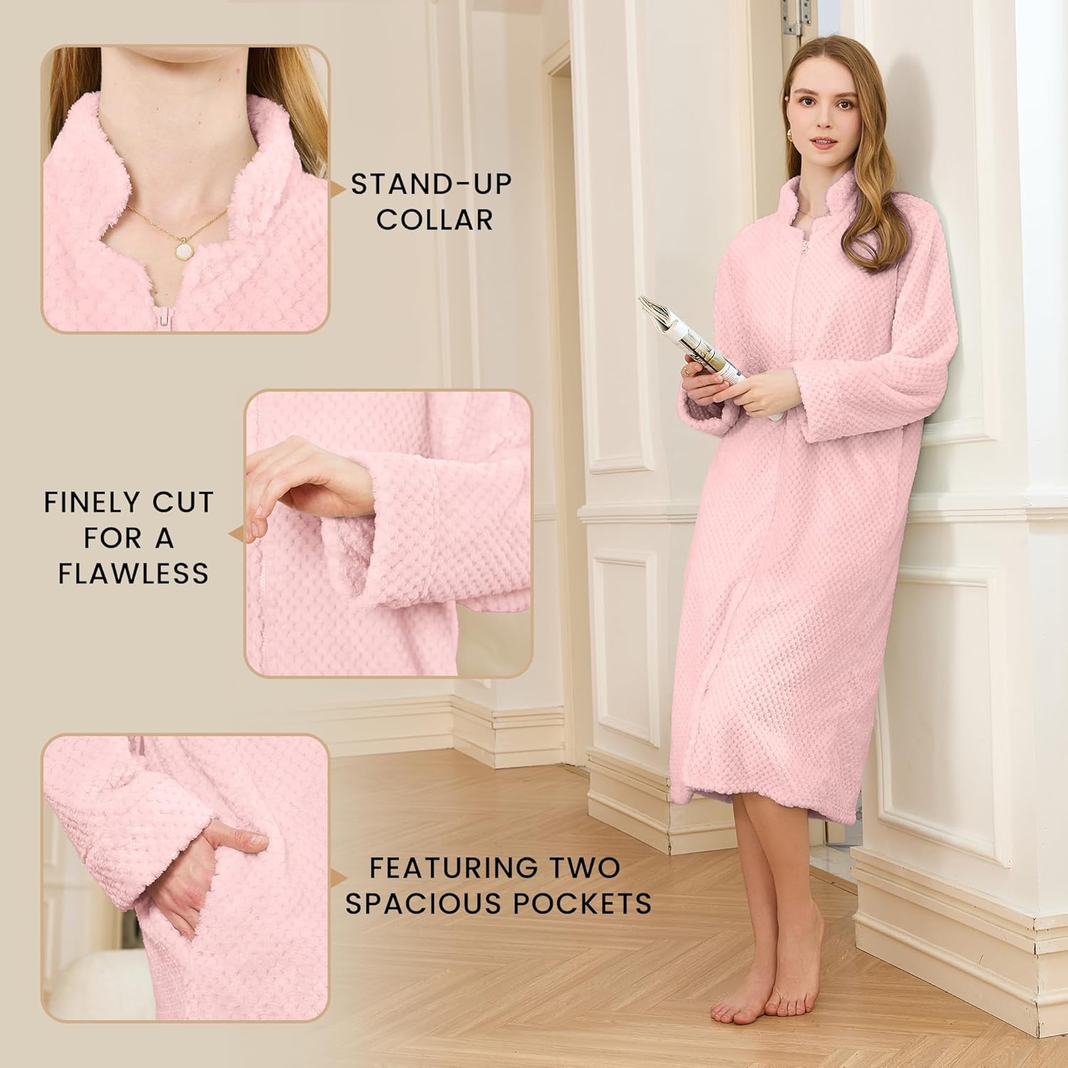 HEARTNICE Womens Flannel Zipper Robe, Soft Warm Robes for Women Cozy Long Sleeve Loungewear Luxurious Nightgown with Pockets - Image 3