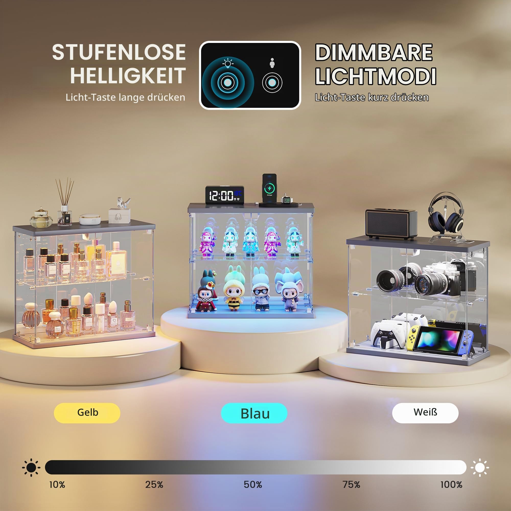 FREDEES Glasvitrine Stehend mit LED Beleuchtung - Kleine Zweistöckige Vitrinenschrank mit Ladestation, Vitrine mit Human-Sensor-Beleuchtung, für Figuren/Sammlerstücke/Spielzeug, Grau