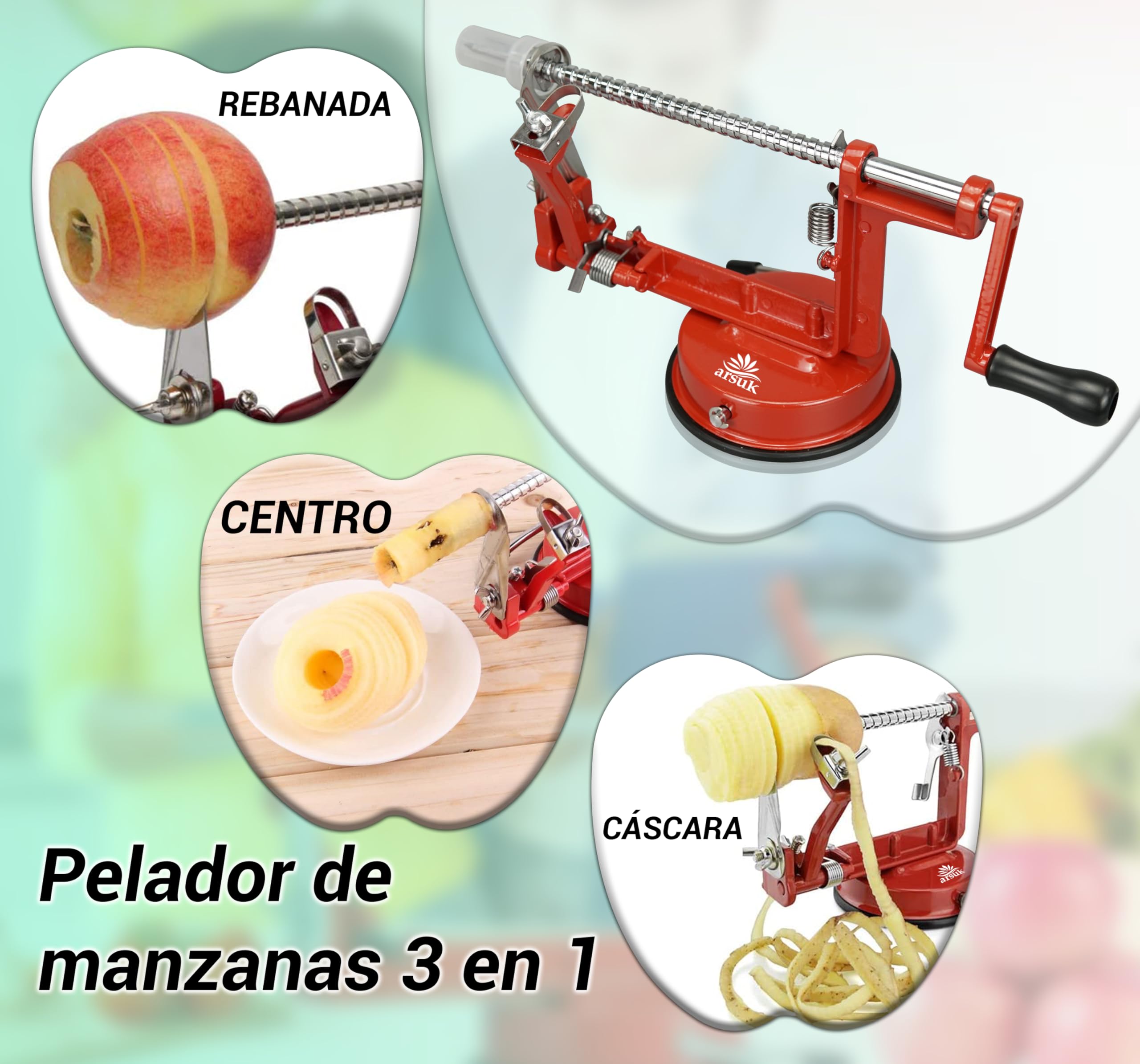 ARSUK 3 en 1 Pelador de Manzanas Manual con Cuchillas de Repuesto, Acero Inoxidable Ajustable