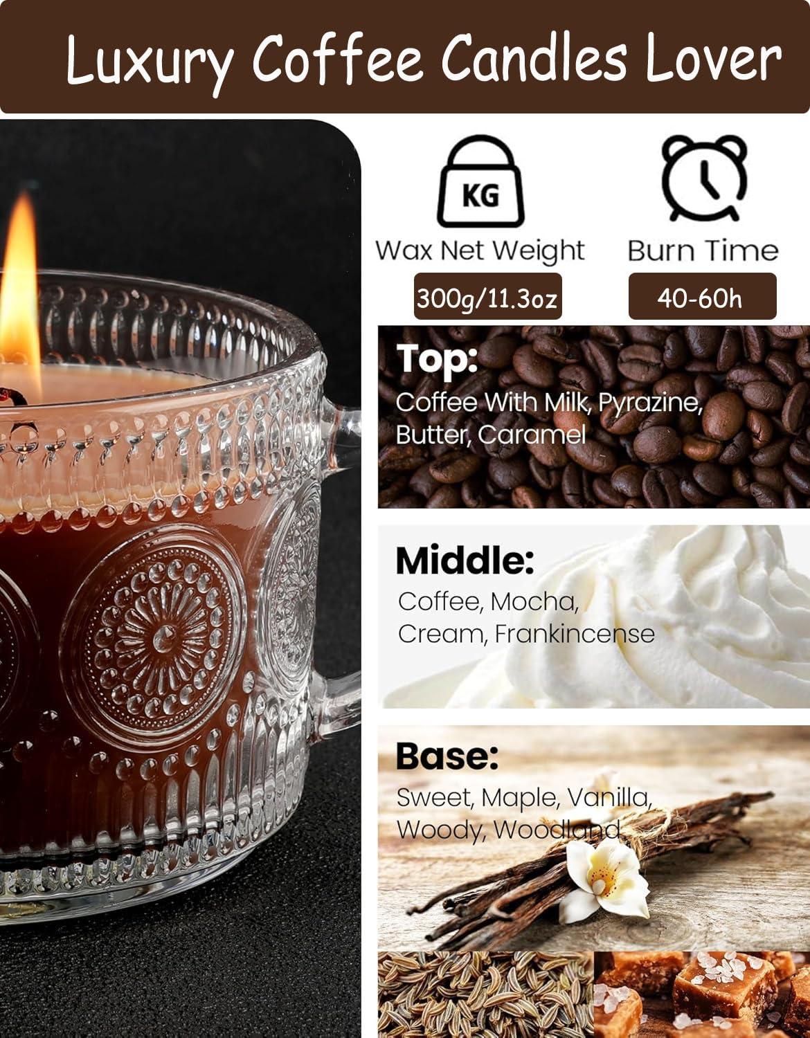 Coffee Latte Scented Candle, 2 Wick Strong Scented Candles for Home Jar Natural Soy Wax, Aromatherapy Candle for Coffee Shop Hotel Relaxing