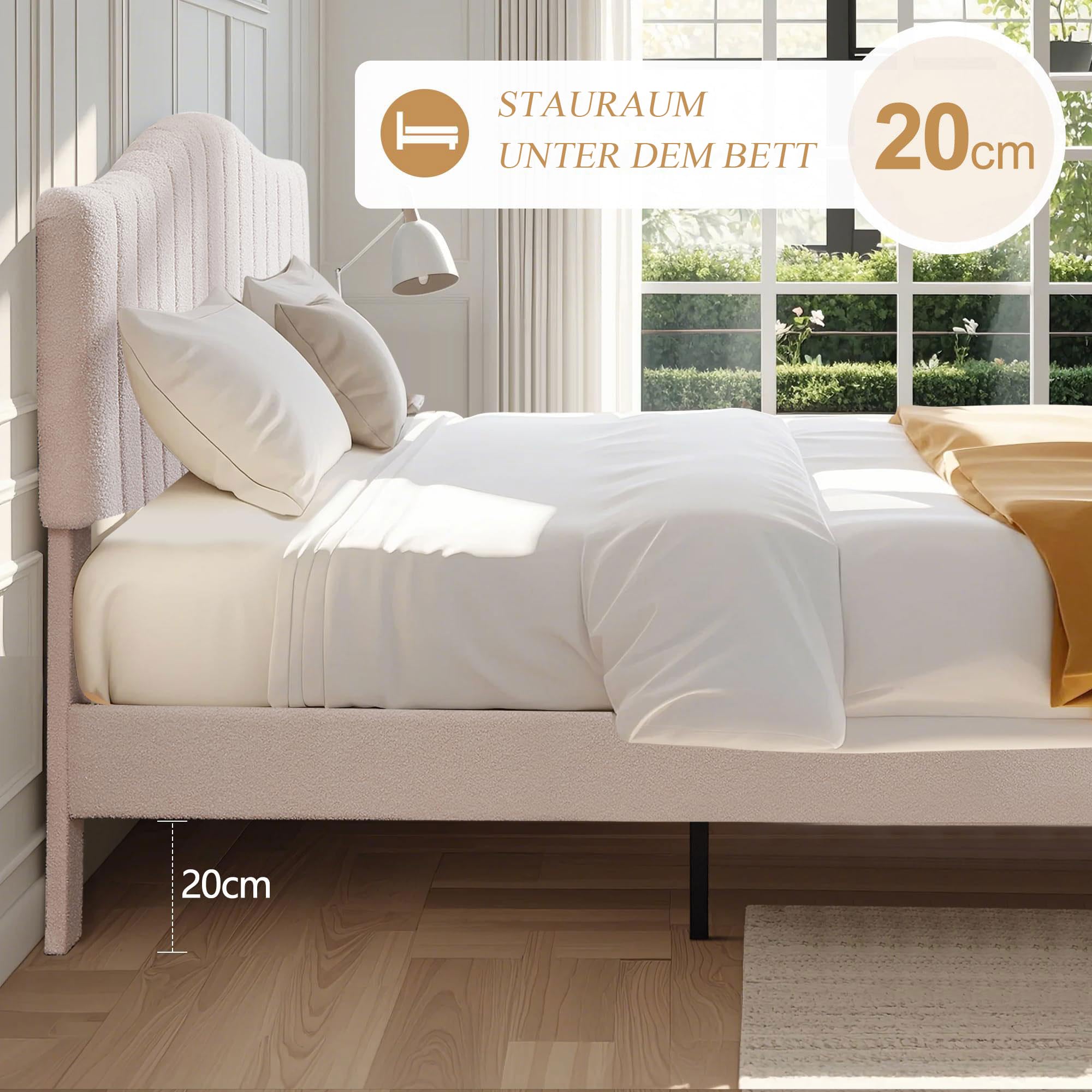 VECELO Polsterbett 140x200 cm Doppelbett, Bettgestell aus Teddy-Stoff mit höhenverstellbarem Kopfteil und Lattenrost aus Massivholz, 20 cm Stauraum unter dem Bett, modern, geräuscharm, beige