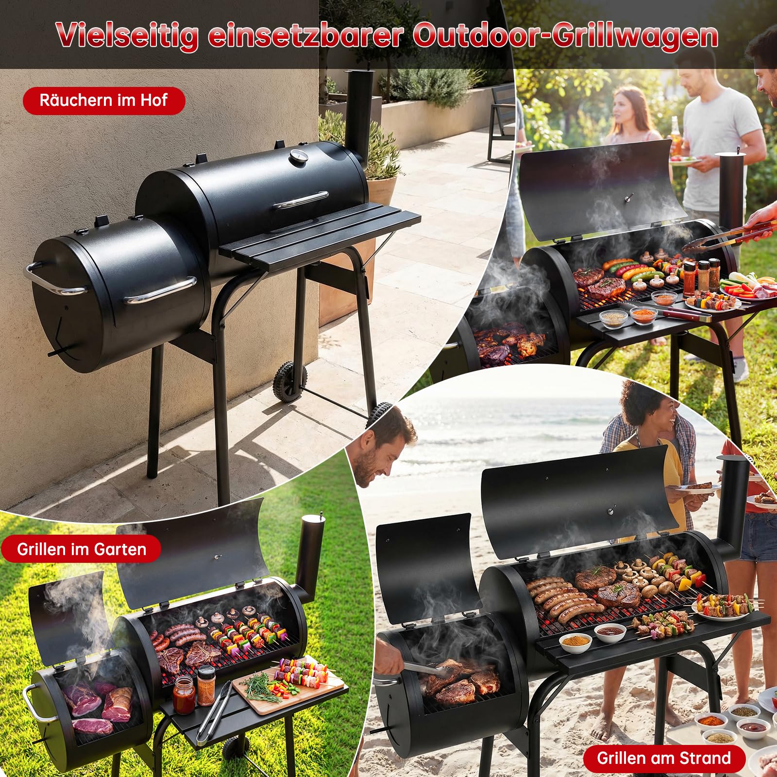 TLSUNNY Holzkohle Smoker Grill mit Schornstein, Holzkohlegrill Grillwagen mit 2 Kammern, Thermometer, Grillablage, 2 Rädern, Räucherofen und Grillfunktion, Smoker Räucherofen für Grillpartys