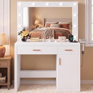 Best Vanity Tables on Amazon for Your Bedroom (With Lights and Storage) OLIXIS Vanity Desk with LED Bulbs, Power Outlet and 2 Drawers