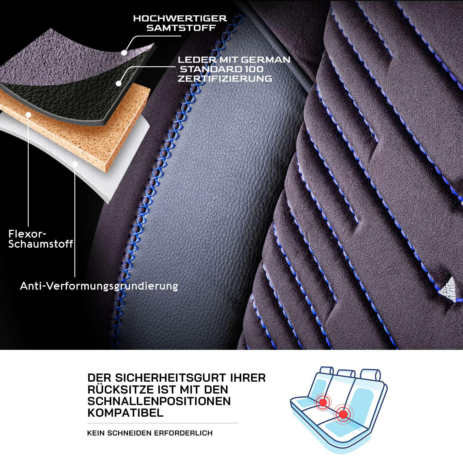 Autositzbezüge Universal für PKW & SUV – Premium Vordersitze Auto Sitzbezug aus Samt, Schwarz-Blau, Airbag-Kompatibel Sitzauflage, Autoschonbezug, Vordersitz-Set inkl. Montageset