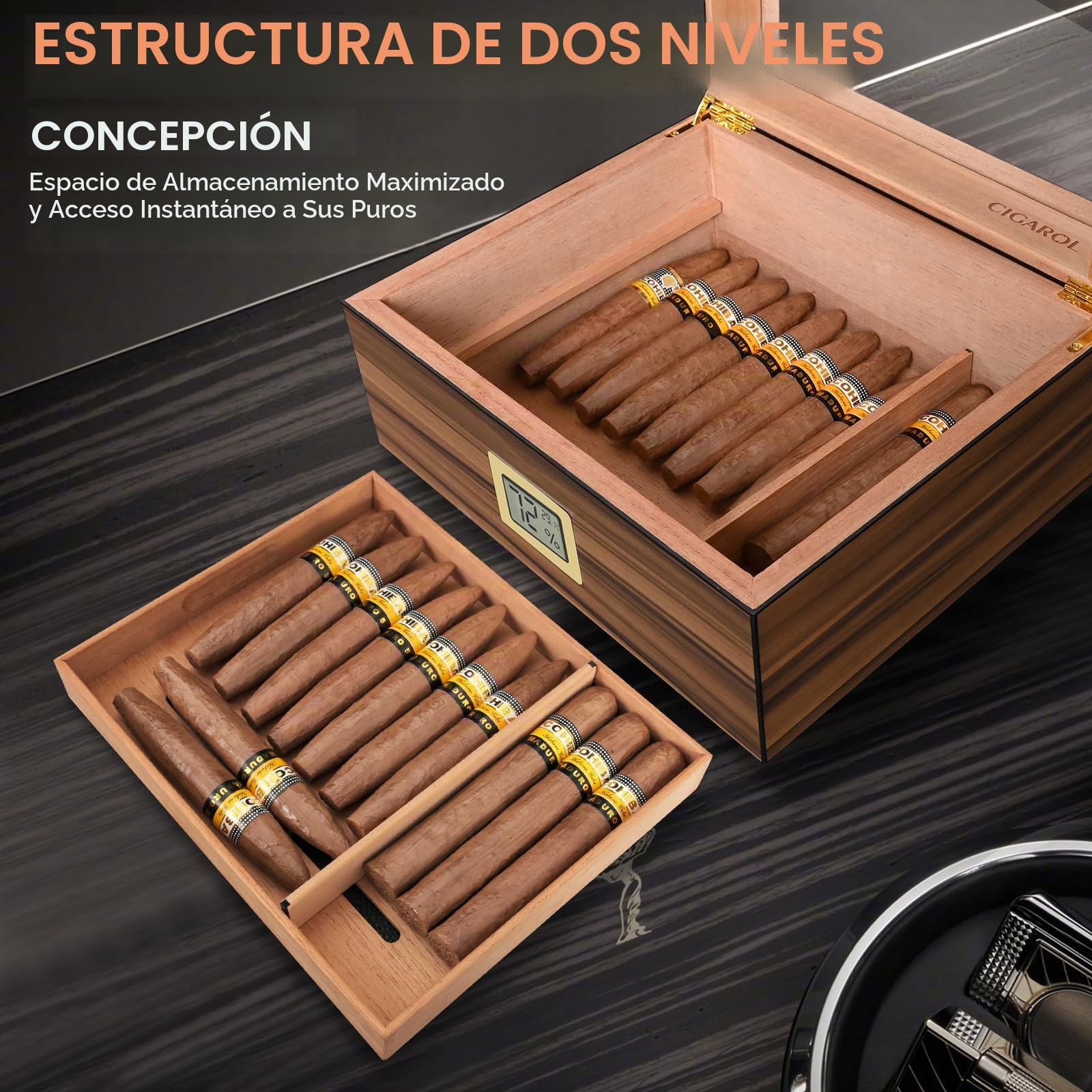Humidor Puros, Caja Puros Hecho a Mano, Humidor con Mechero, Corta Puros y Humidificador para 25-50 Puros, Grandes Regalos para Hombres (Puros No Incluidos)