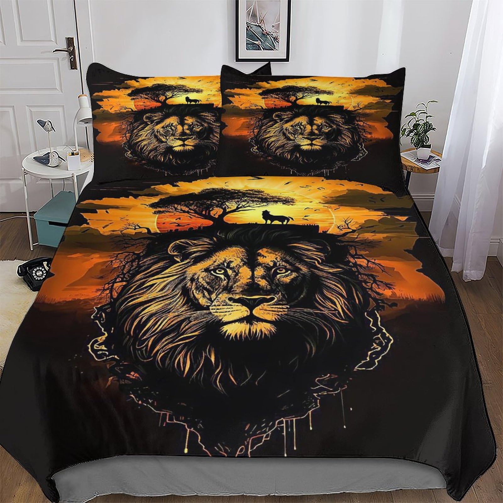 Housse de couette lion sans repassage en microfibre douce anti-plis pour grand lit king
