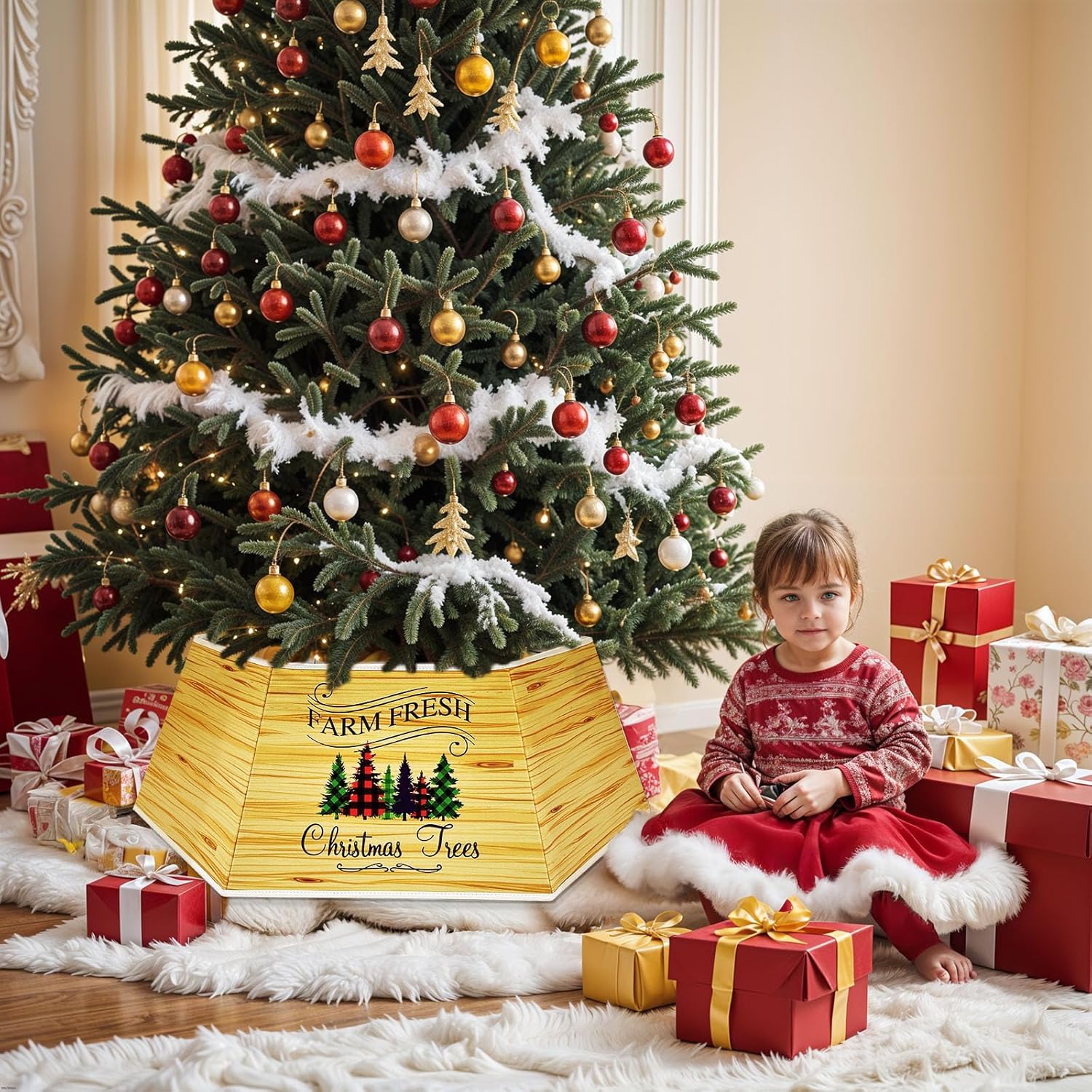 OurWarm Christmas Tree Collar Hexagon Christmas Tree Ring, 28 Fabric Collapsible Trees Skirt, Rustic Double-Sided Christmas Trees Box Base for Home Festive Xmas Decorations