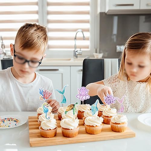 Miniatura 10 de 30 piezas de adornos de sirena para cupcakes con purpurina de estrella de mar coral cola de sirena para cupcakes, pulpo, caballito de mar, medusas,