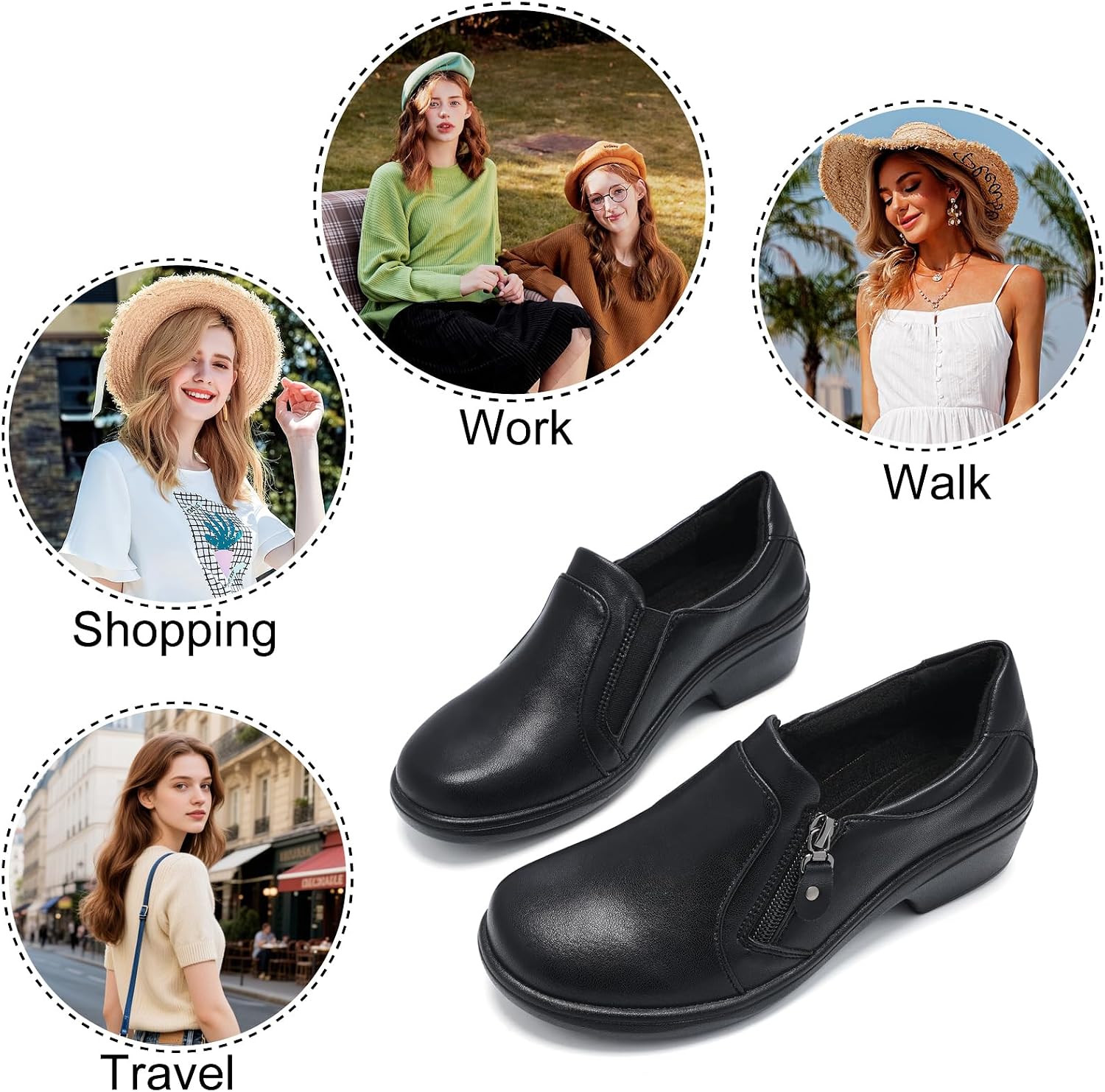 Loafers for Women, Comfortable Slip On Work Shoes with Side Zipper, Low Block Heel Non Slip Casual Dress Shoes for Nurse, Office, Walking