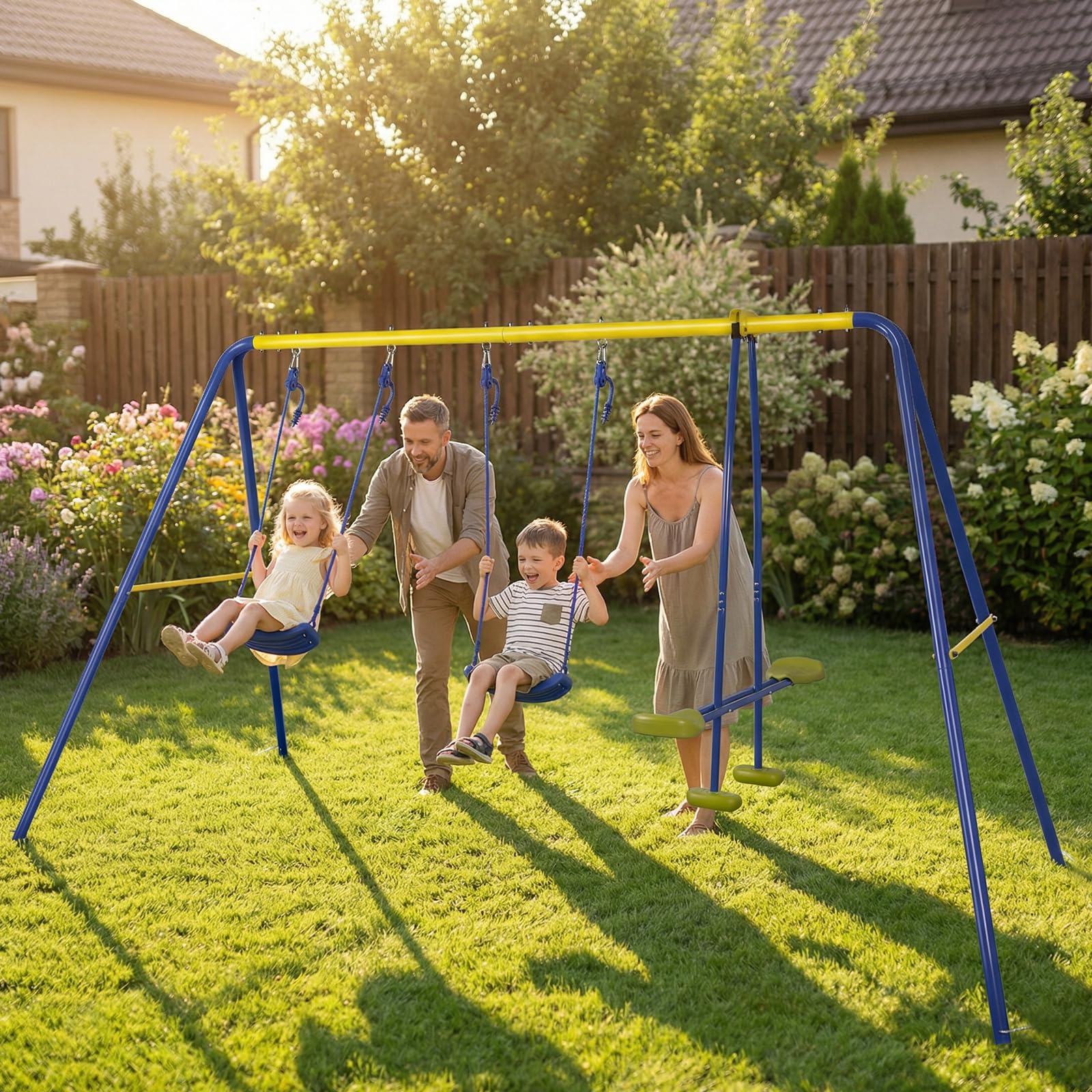 HLC Balançoire Jardin 3 en 1 - Multifonction avec Portique Métallique, avec 1 balançoire Face à Face et 2 sièges de balancelle, Charge maximale 250KG, Dimensions 322cm x 140cm x 180cm.