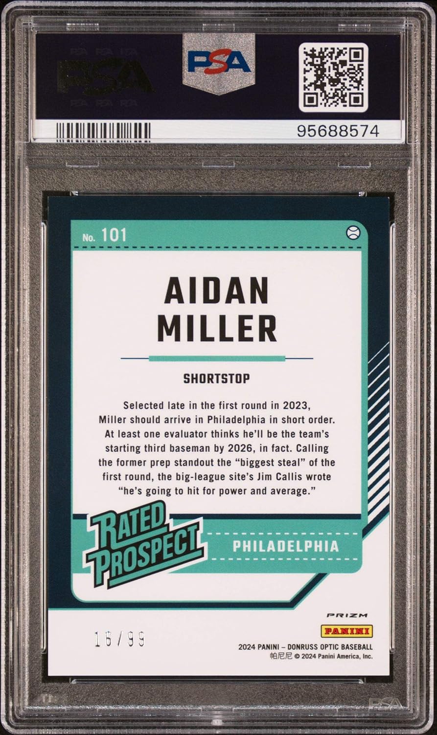 Graded 2024 Panini Donruss Aidan Miller #101 Optic Red /99 Rookie RC Baseball Card PSA 10 Gem Mint