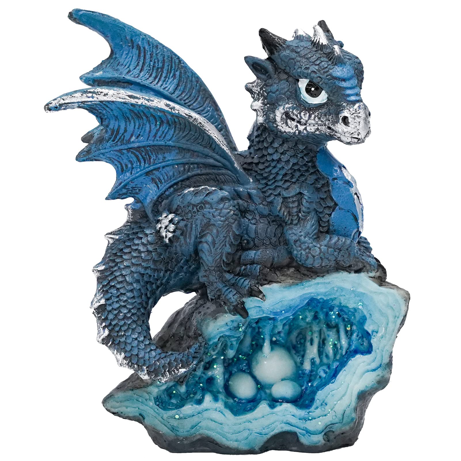 Blue Medieval Baby Dragon with Crystal Egg Nest Decorative Figurine