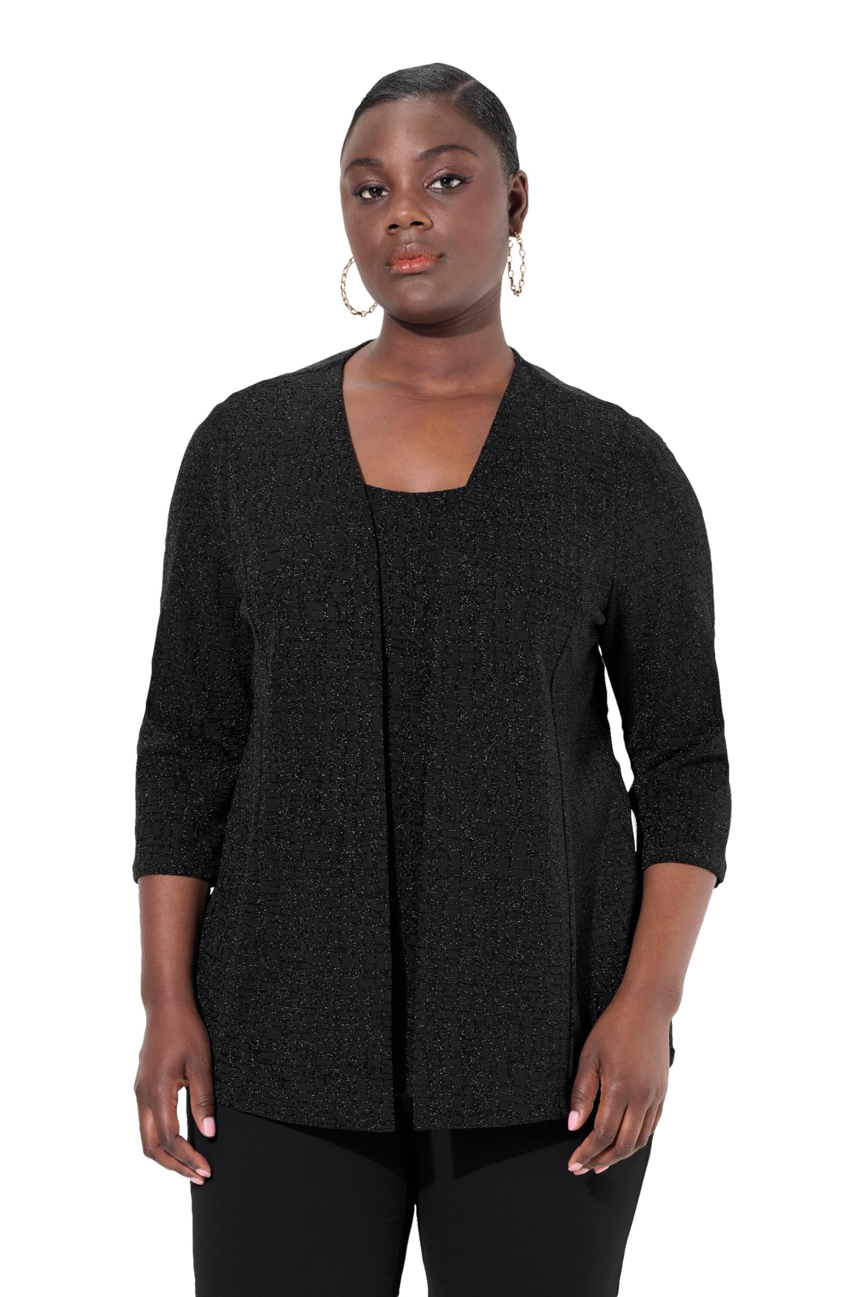 Ulla Popken Damen große Größen Übergrößen Plus Size 2-in-1-Blusenshirt, Glitzer, V-Ausschnitt, 3/4-Arm 834945