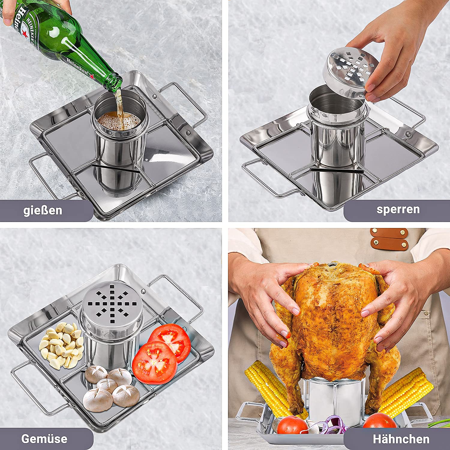 AMOZO Hähnchenbräter - Edelstahl Hähnchenhalter - Bierdose für Hähnchengrill - Grillzubehör für Barbecue, für Grill im Freien, Ofen - BBQ Accessoire mit 4 Gemüsespießen (KJJ-0001)