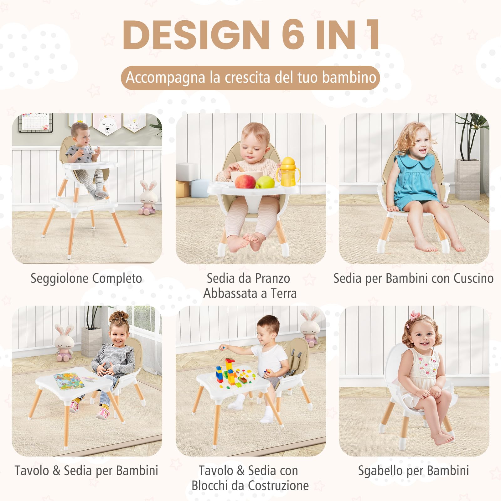 RELAX4LIFE 4 in 1 Seggiolone Pappa, Seggiolone Evolutivo con Vassoio Rimovibile e Cintura di Sicurezza, Altezza Regolabile in 4 Posizioni, per Bambini e Neonati 6-36 Mesi (Standard, Beige)