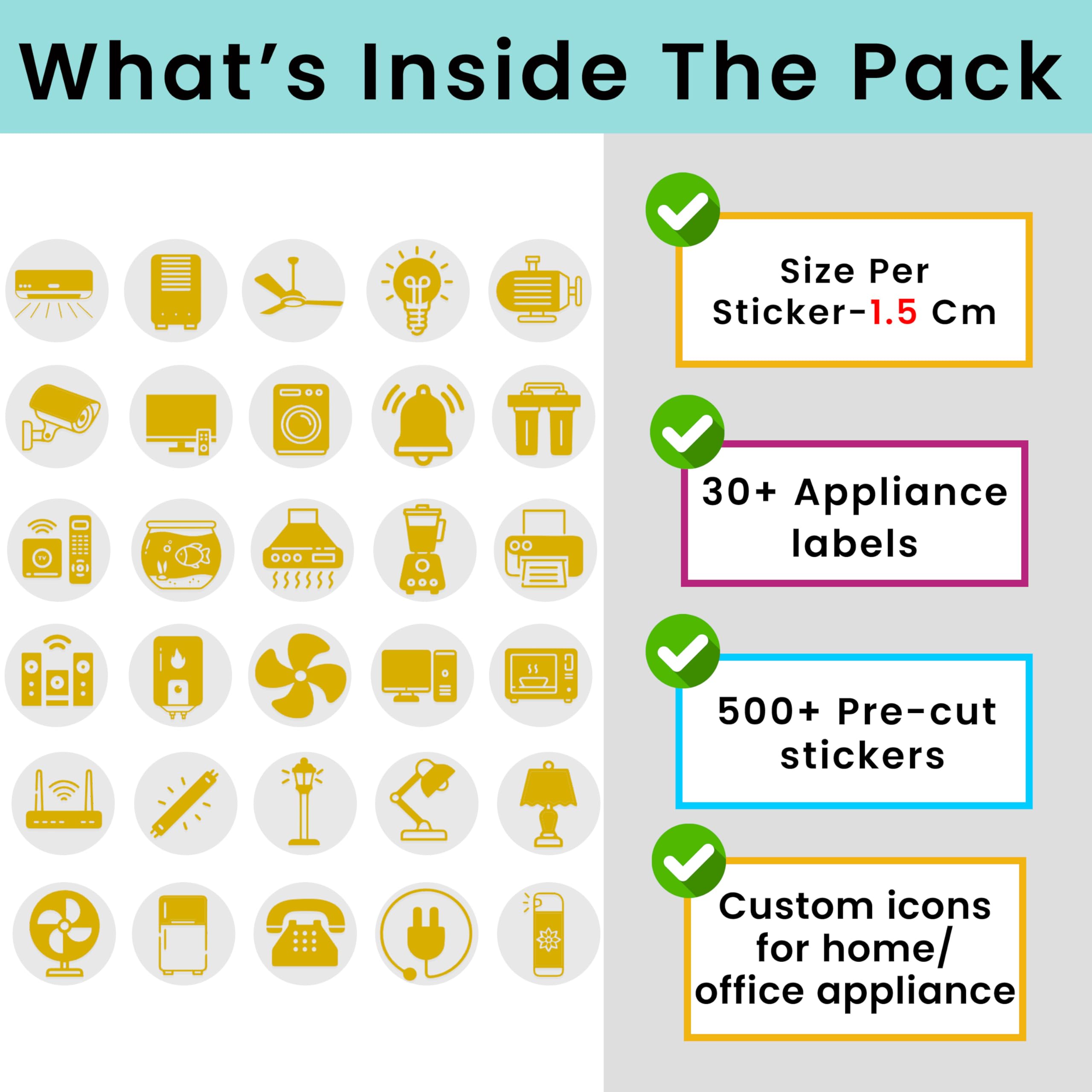 Gold Switch Board Stickers for Home | 500+ Labels with 30+ Icons for Fan Light AC Fridge | Elegant Electric Switch Stickers for Button Labeling | Decorative Modular Switch Panels 3