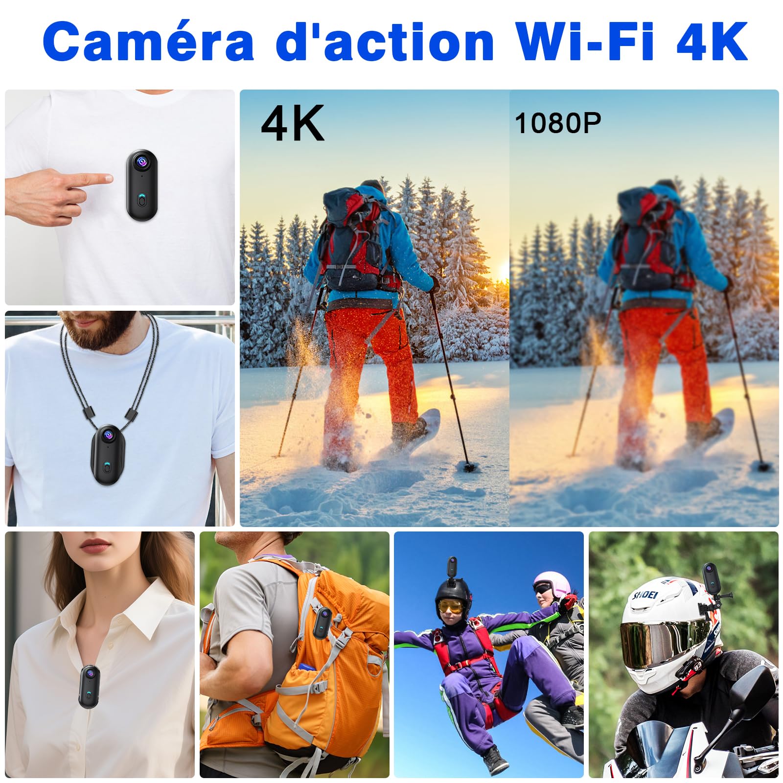 Caméra d'action WiFi 4K 120° Étanche 16 Go avec Accessoires de Fixation