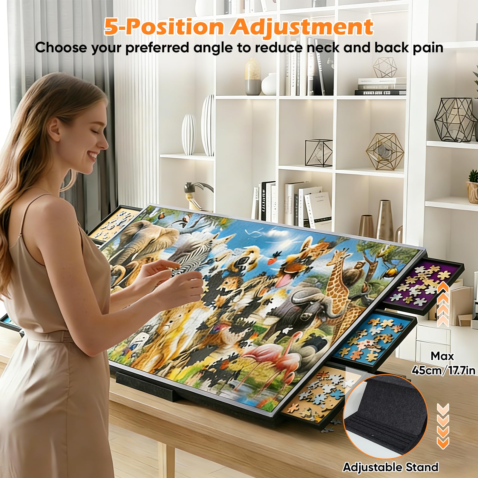 Planche Puzzle Pliable 2 en 1 avec 5 Angles d'inclinaison réglables, Table Puzzle en Feutre de 2000 pièces, 6 tiroirs Amovibles et Housse de Protection, Portable, inclinable