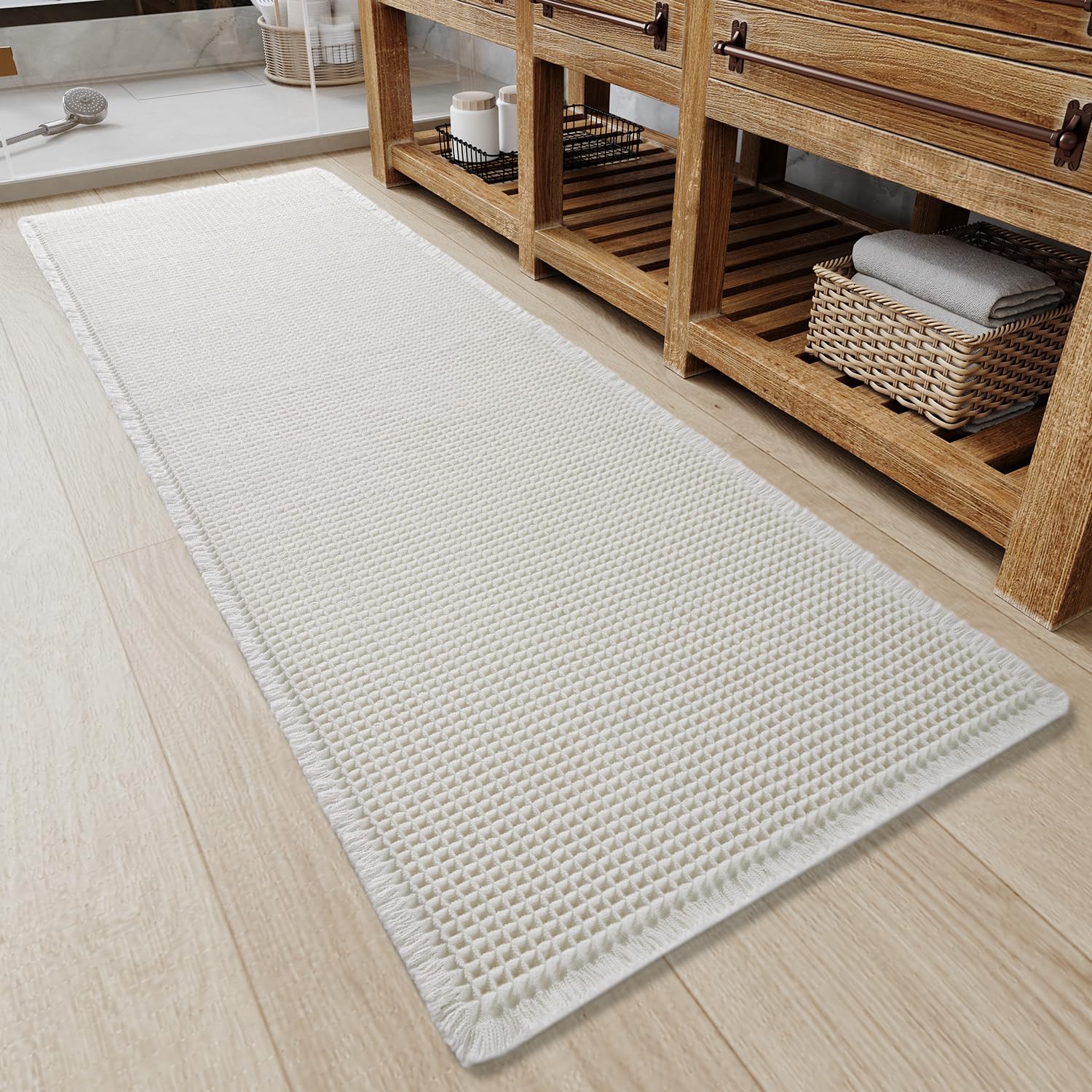 Upgraded Waffle Bath Mat Non Slip Super Absorbent Quick Dry Bath Mats for Bathroom Floor Machine Washable Bathroom Mat Ultra Soft Boho Bathroom Rugs with Tassels Beside Tub, 17" x 24", Brown — view 27