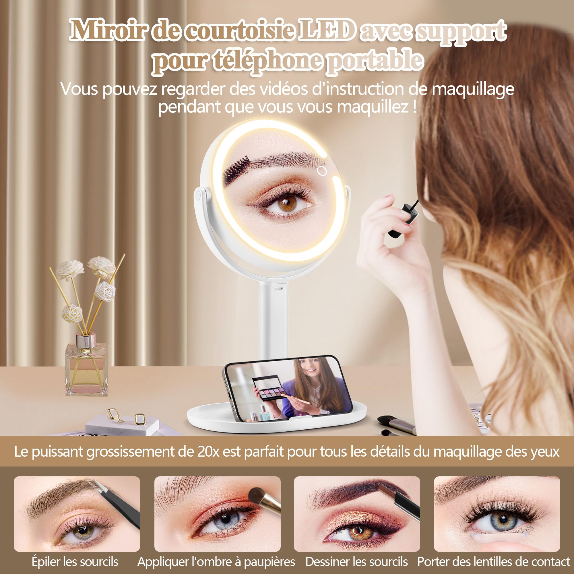 MOMOKUBA Miroir Grossissant Lumineux X 20, Miroir Grossissant sur Pied 8", miroirs Maquillage Lumineux sur Pied Double Face 3 Couleurs 64 LED, Rechargeable Rotation 360°