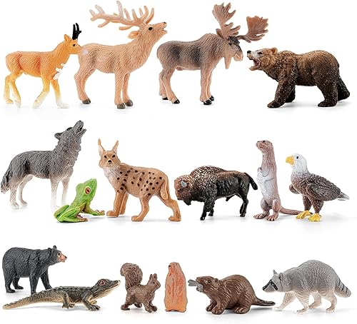 Miniatura 9 de 16 mini figuras de animales del bosque de América del Norte, figuras realistas de animales salvajes de la selva con lobo, oso, bisonte, reno,