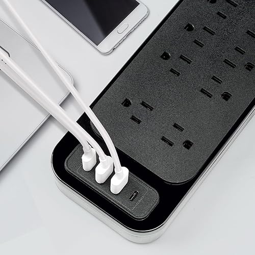 Miniatura 3 de Regleta de alimentación de 10 pies con cable de extensión de puertos USB, 12 salidas y 2 puertos USB y 2 puertos USB-C (5V 3.1A), cable de extensión