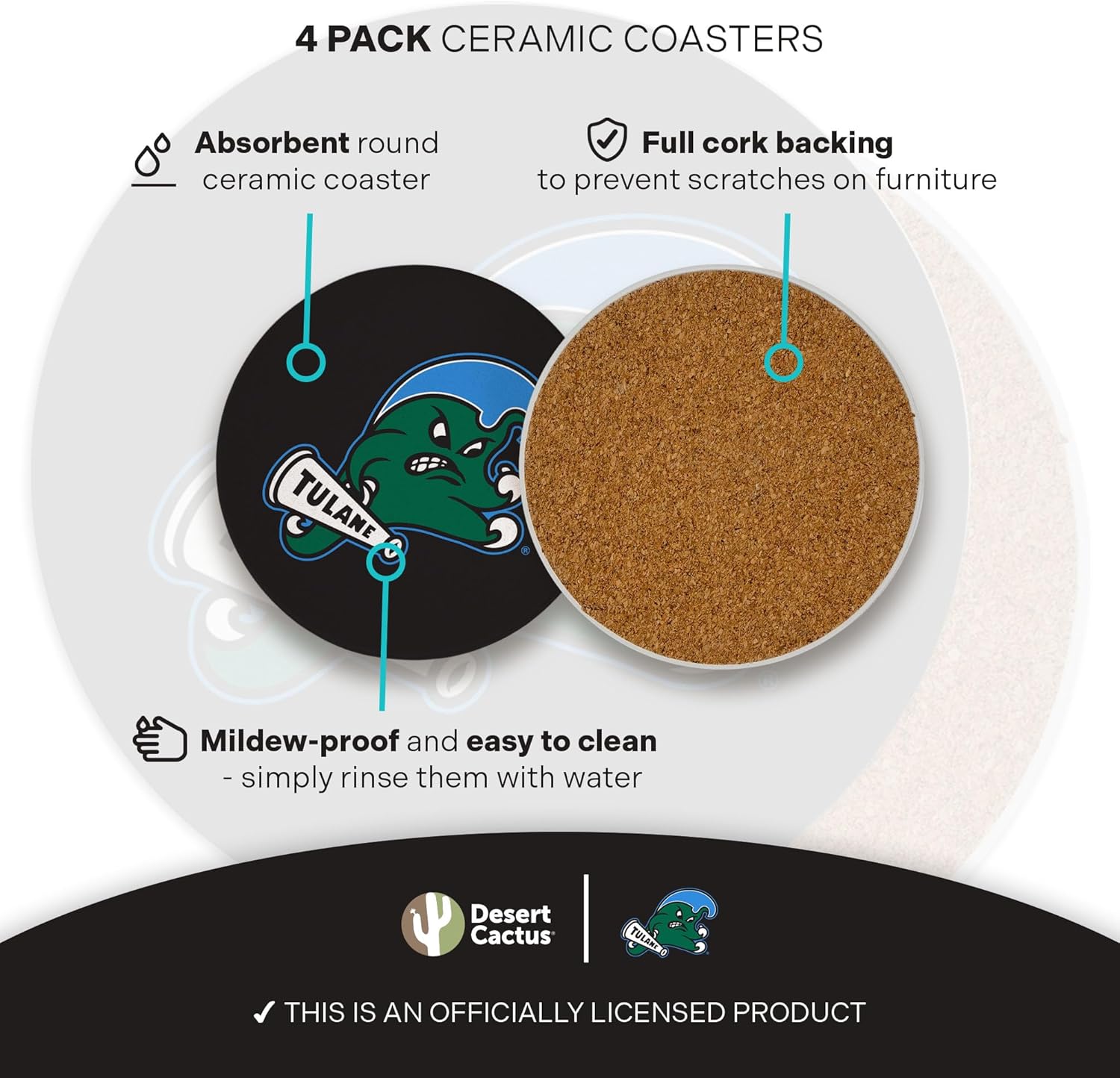 Desert Cactus Tulane University Circle Ceramic Coasters 4 Pack Green Wave Absorbent Drink Coasters with Cork Backing (Design A) - Image 3
