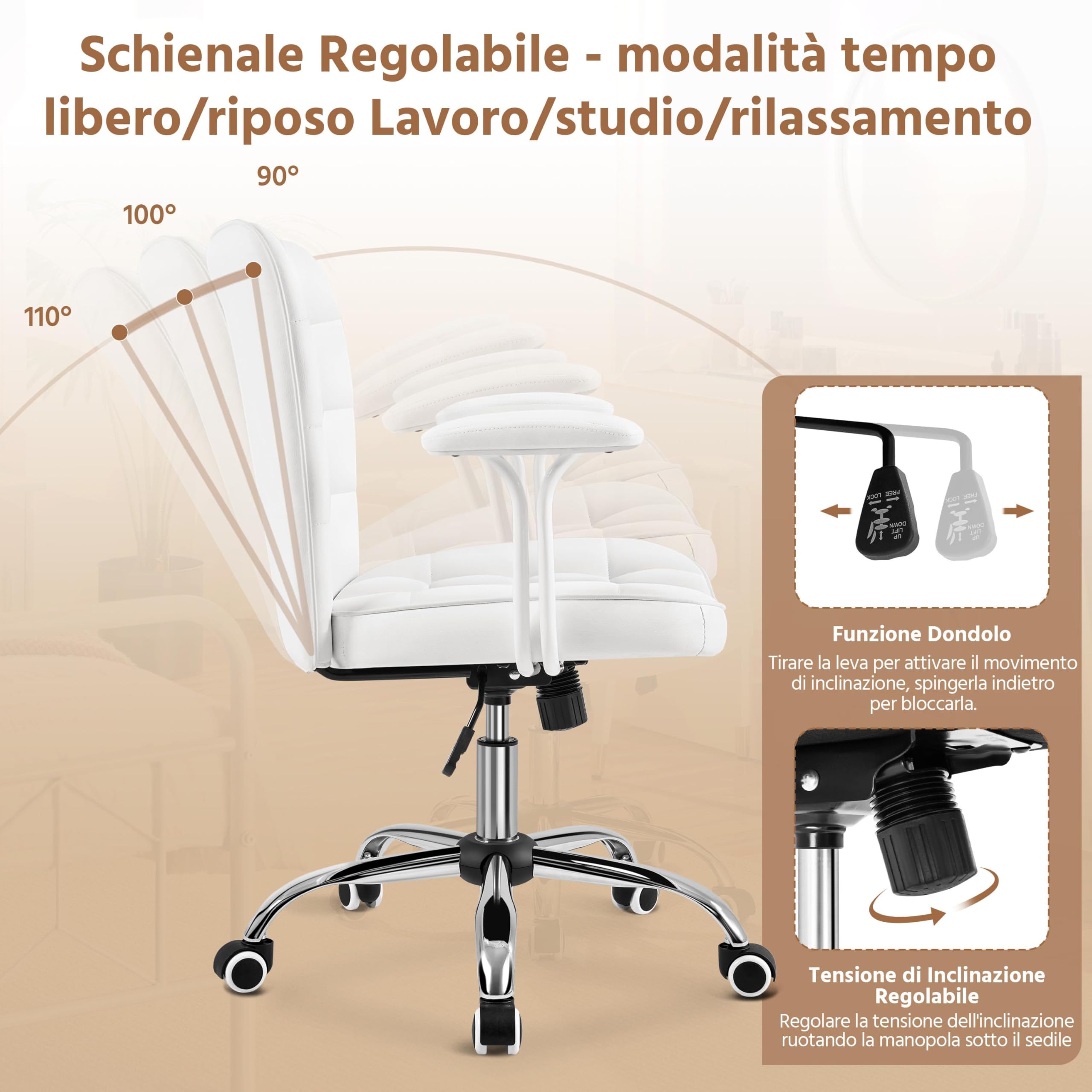 Yaheetech Sedia Ufficio Scrivania Cameretta in Finta Pelle con Braccioli | Altezza Regolabile, Funzione Dondolo, Girevole a 360°, Portata 136 KG, Bianco