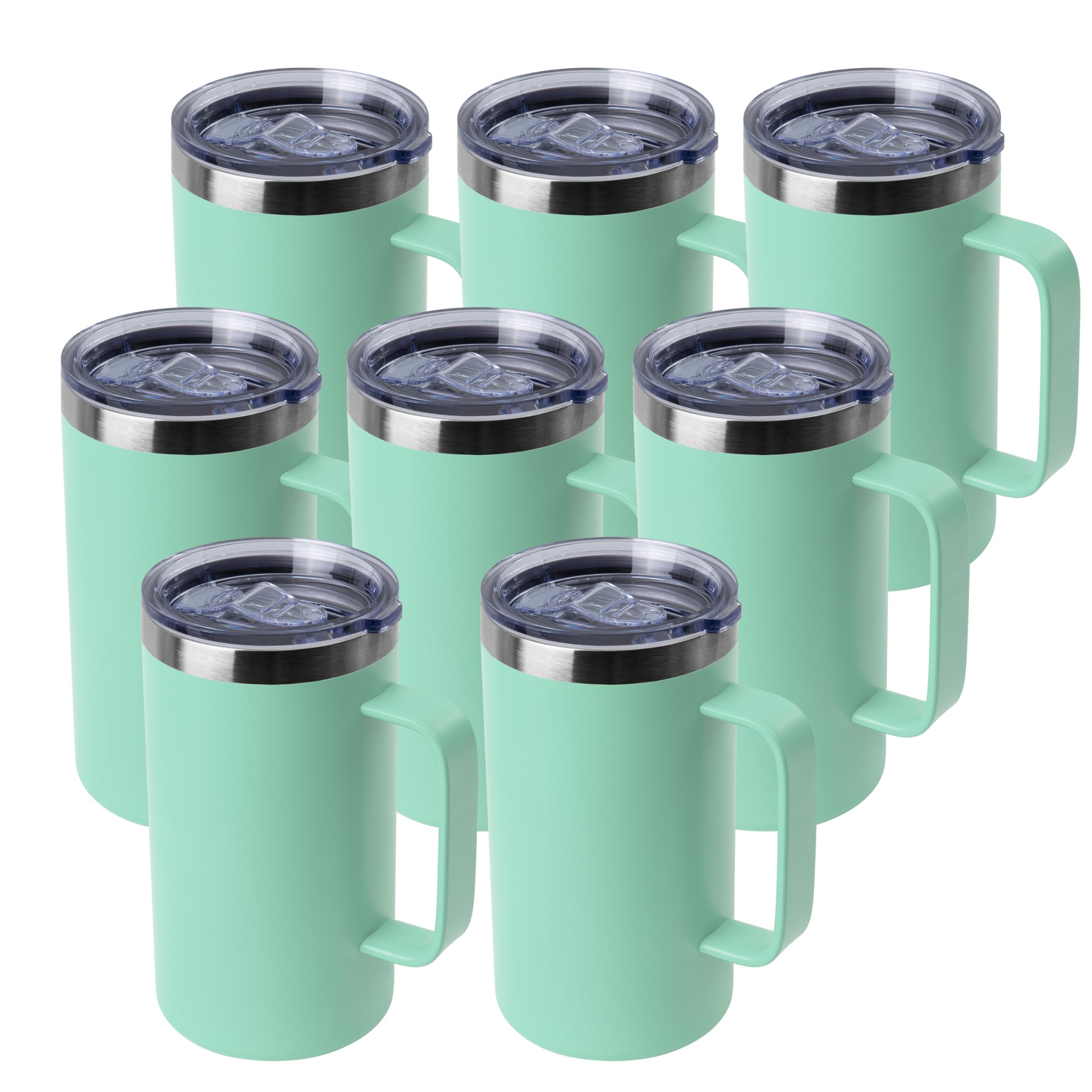 DOMICARE Taza de café de acero inoxidable de 24 onzas con asa y tapa, taza de viaje con asa, vaso de café al vacío de doble pared, taza aislada reutilizable, verde menta, paquete de 8