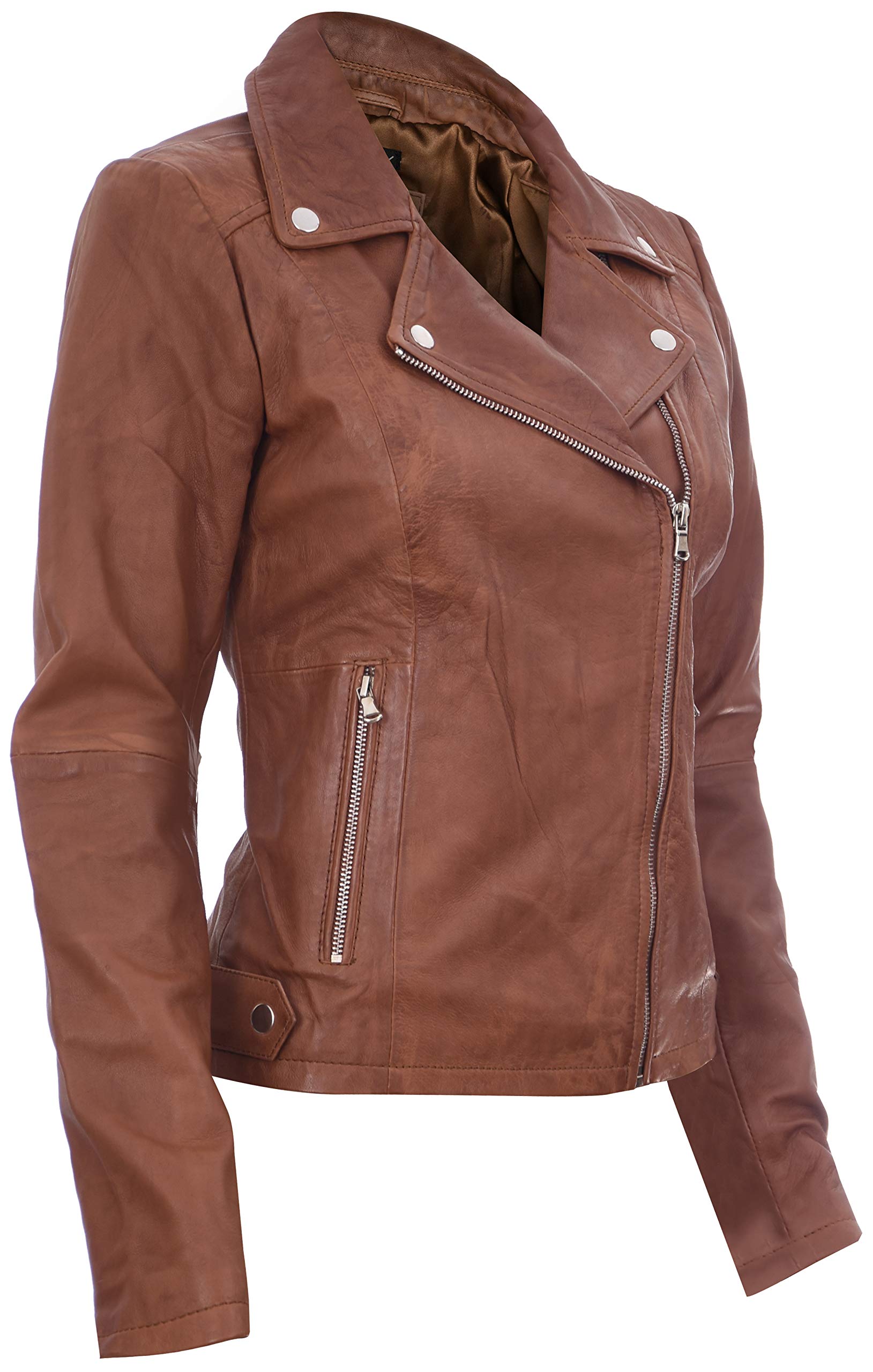 Mujer Coniac Broncearse Vendimia Brando 100% Chaqueta de Cuero de Motorista