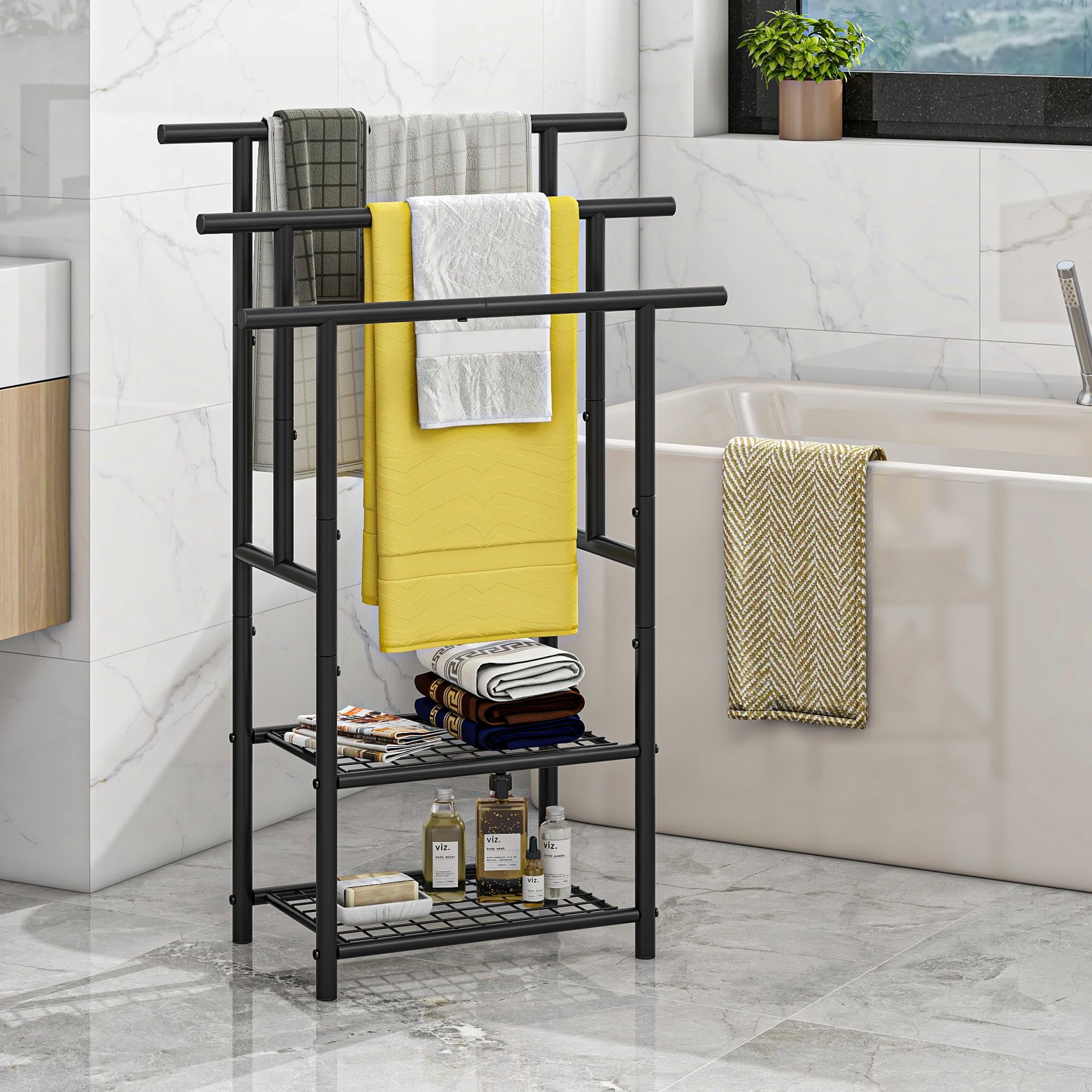 Porte-serviettes debout avec 3 barres porte-serviettes en métal avec 2 étagères, pour serviettes de bain, couvertures, peu encombrant, stable, style industriel, noir