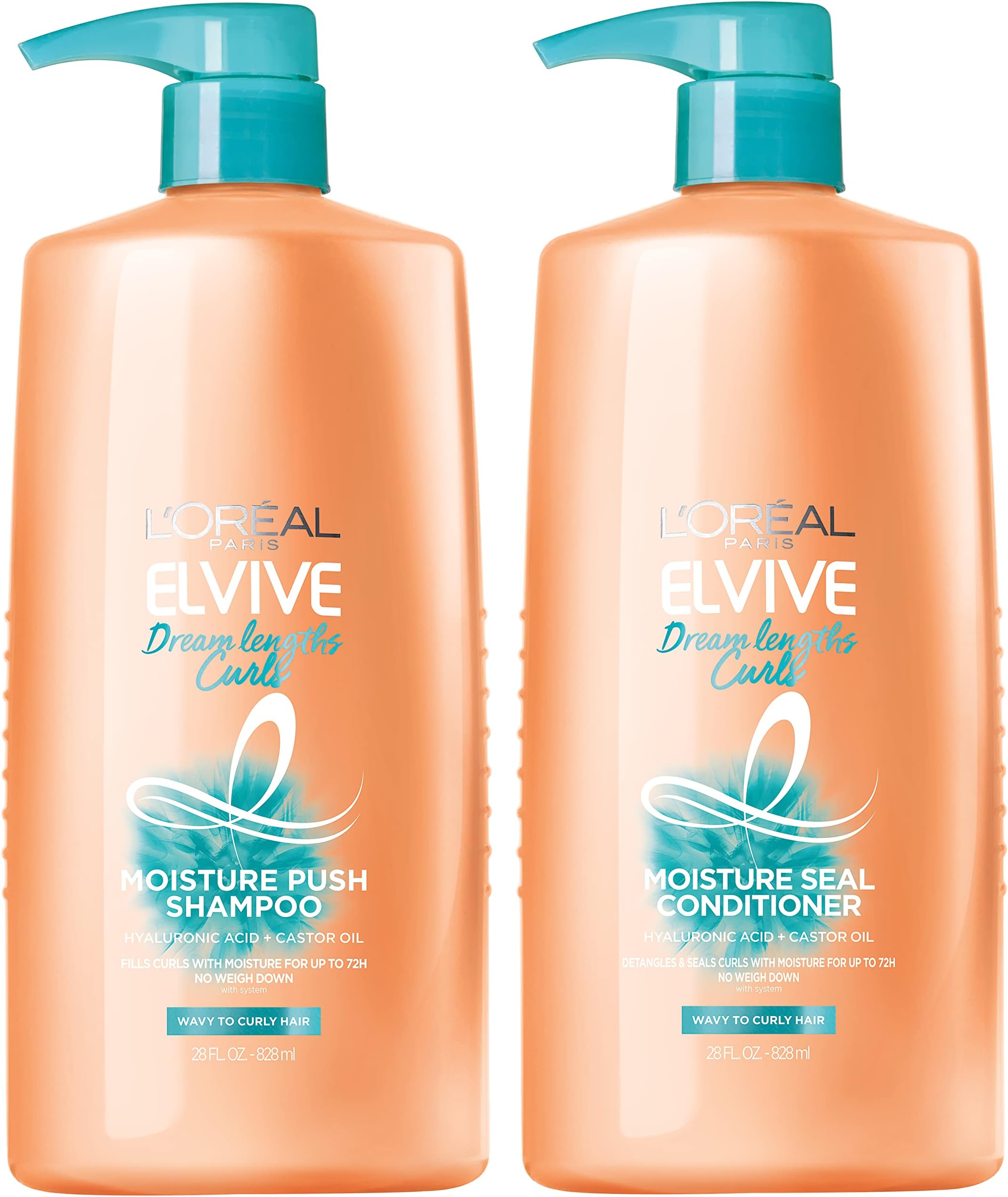 L'Oreal Paris Elvive Dream Lengths Curls Shampoo and Conditioner 2PK, Paraben-Free with Hyaluronic Acid and Castor Oil. Best for wavy hair to curly hair, 1 kit