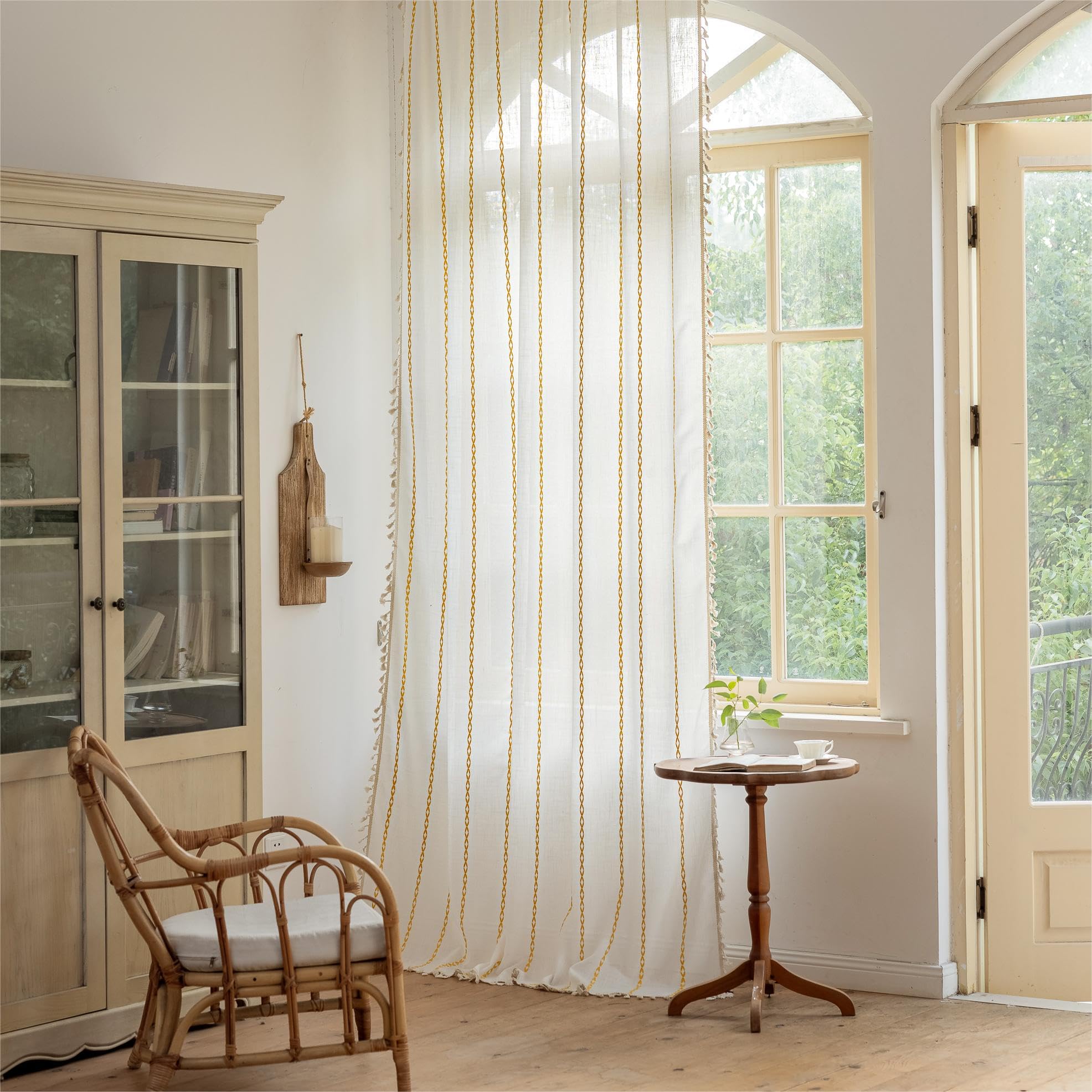 Sutuo Home Boho Curtains 84 inch Length for Bedroom, Semi Blackout Farmhouse Vintage Shabby Chic Tassels Window Treatment Bohemian Embroidery Drape,