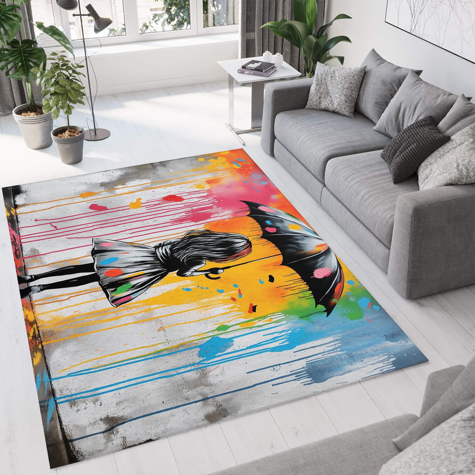 Tapis poils courts gris 240x300 cm lavable et antidérapant avec motif peinture graffiti
