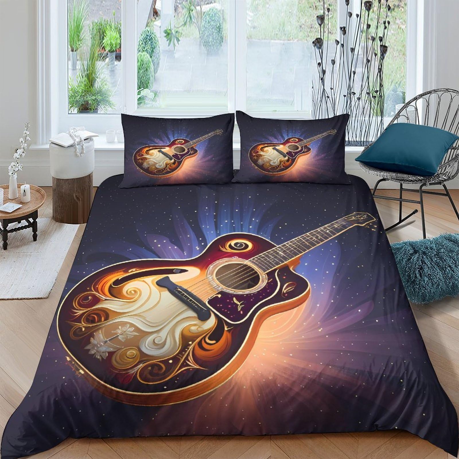 Ctjqhvkz Style-5 3D Printed Acoustic Guitar Fitted Sheet Microfiber Soft Anti-Slip Retro Music Bed Sheet For Bedroom Dorm Decor Single（135X200cm）