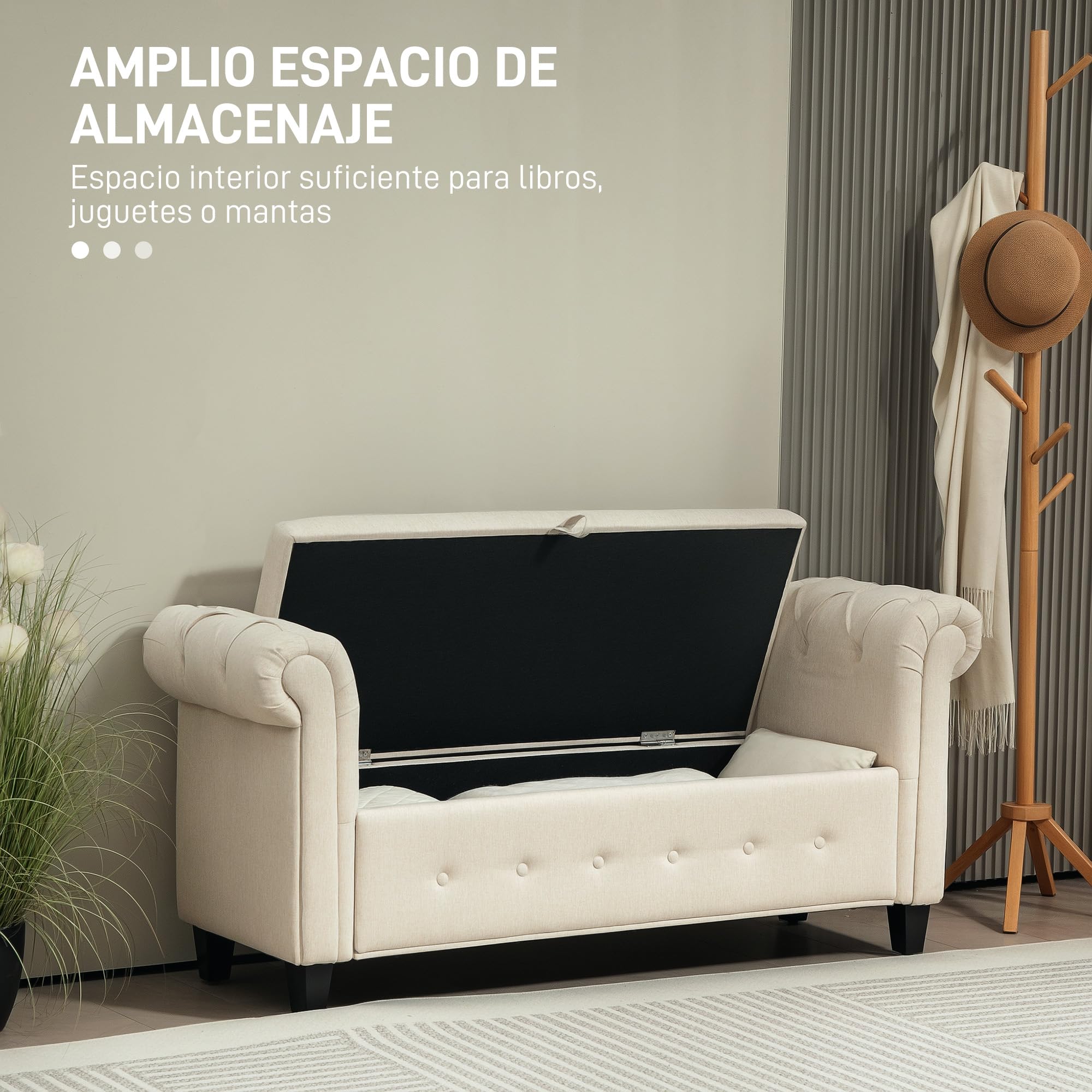 HOMCOM Banco de Almacenamiento Taburete de Almacenaje de Lino con Tapa de Bisagras Patas de Madera y Reposabrazos Enrollados para Dormitorio Salón Pasillo Carga 150 kg 146,5x49x74,5 cm Beige