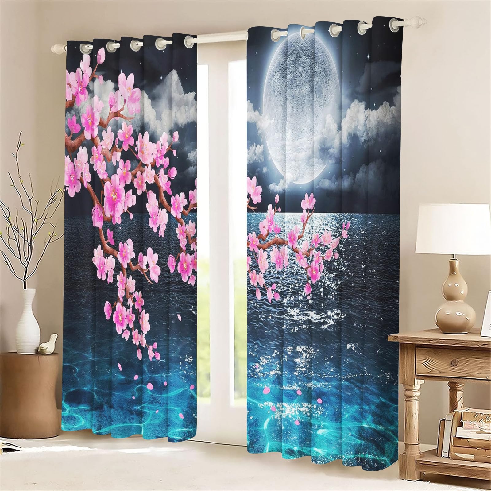 Vorhang Kirschblüten Japanische Gardine Kirschblüte Rosa Vorhänge Blickdicht Ösenvorhang 3D Druck Verdunklungsvorhänge Blumenmuster 2er Set Wohnzimmer (1,183 x 160 cm(2X91X160cm))